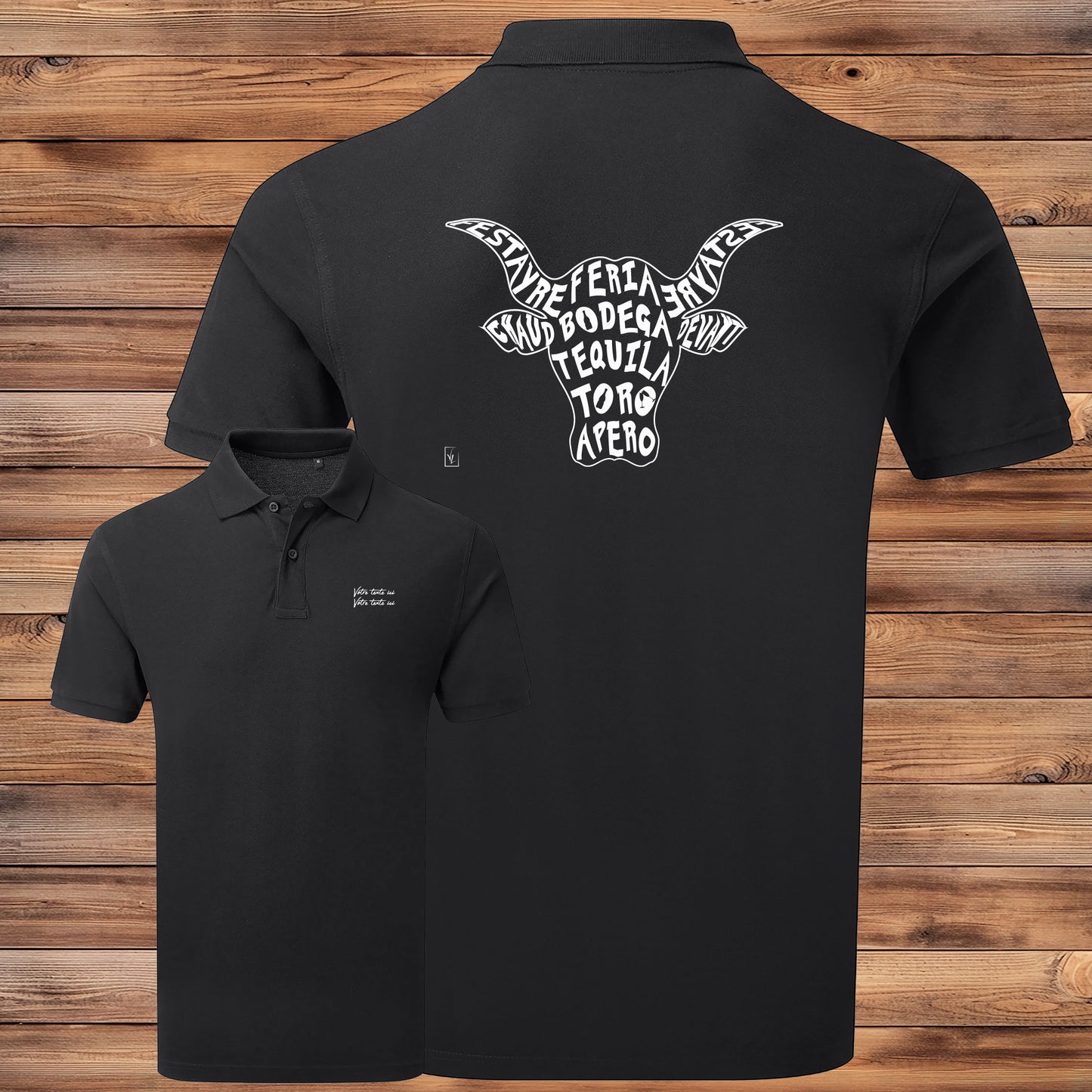 Taureau, tradition taurine, fête votive, bodega, Camargue, graphisme sur polo noir homme à personnaliser avec un texte. Création Virginie Linard ©.