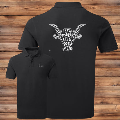 Taureau, tradition taurine, fête votive, bodega, Camargue, graphisme sur polo noir homme à personnaliser avec un texte. Création Virginie Linard ©.