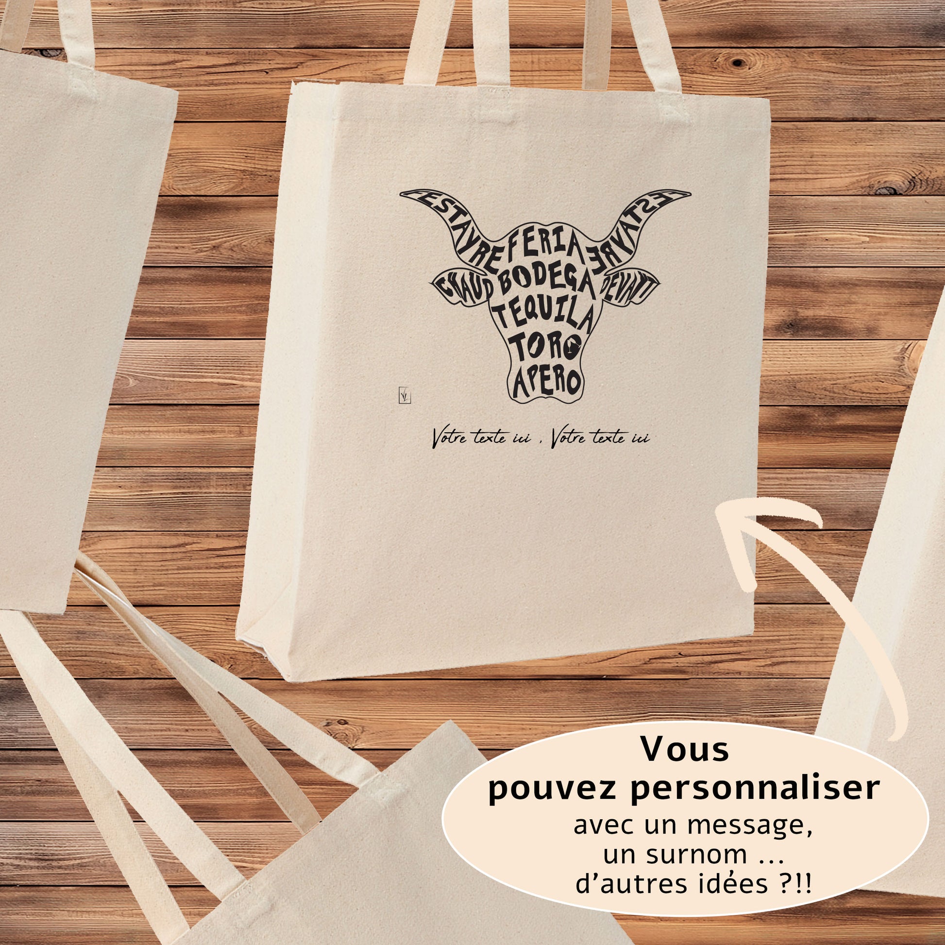 Taureau Camargue Bodega Feria, graphisme sur sac tote-bag 21 litres beige, à personnaliser avec un texte. Création Virginie Linard ©.
