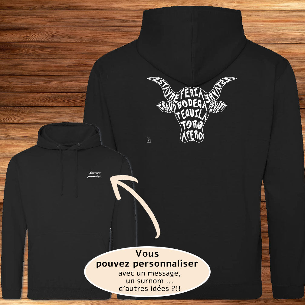 Taureau Bodega Tequila Graphisme sur Sweat-shirt à personnaliser avec du texte. Création Virginie Linard ©.