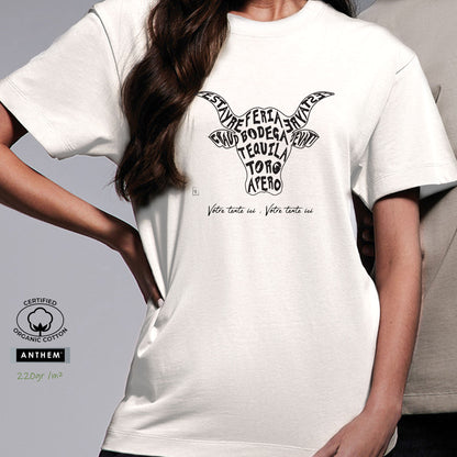 Taureau, tradition taurine, fête votive, bodega, feria, Camargue, graphisme sur T-shirt bio épais 220g à personnaliser avec un texte. Création Virginie Linard ©.