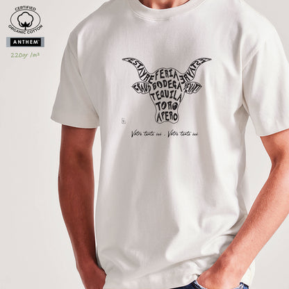 Taureau, tradition taurine, fête votive, bodega, féria, Camargue, graphisme sur T-shirt bio épais 220g à personnaliser avec un texte. Création Virginie Linard ©.