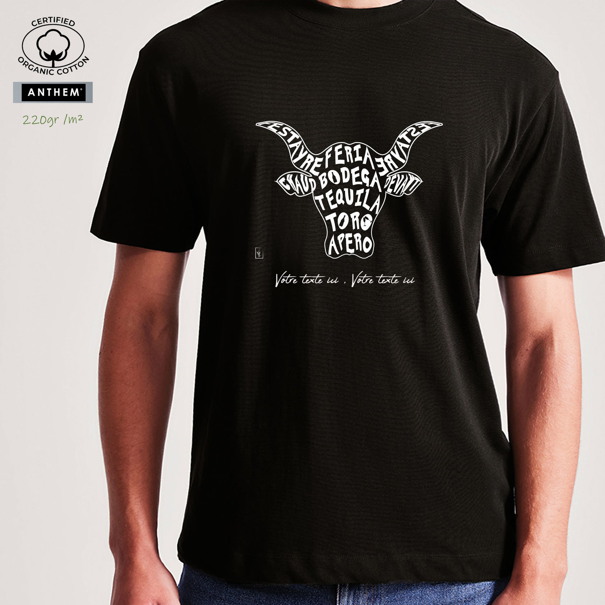 Taureau, tradition taurine, fête votive, bodega, feria, Camargue, graphisme sur T-shirt bio épais 220g à personnaliser avec un texte. Création Virginie Linard ©.