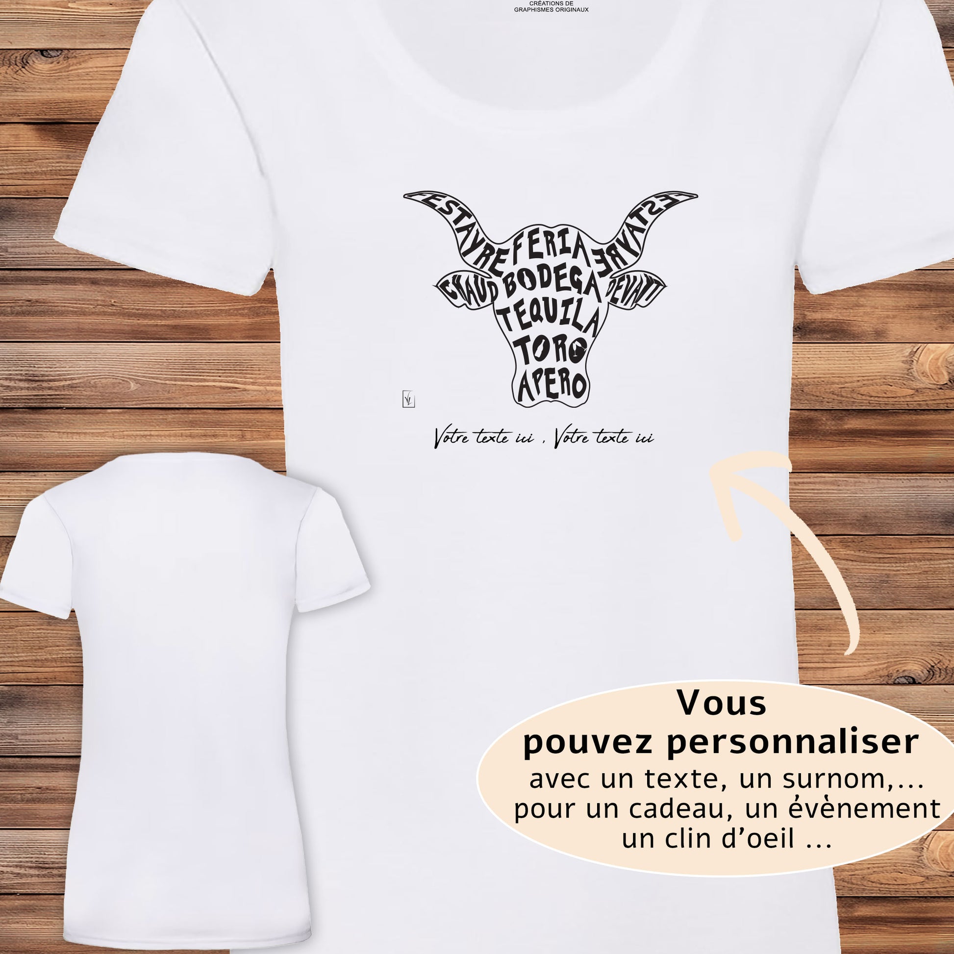 Taureau Bodega Tequila Graphisme sur T-shirt blanc femme à personnaliser avec du texte. Création Virginie Linard ©.