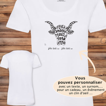 Taureau Bodega Tequila Graphisme sur T-shirt blanc femme à personnaliser avec du texte. Création Virginie Linard ©.