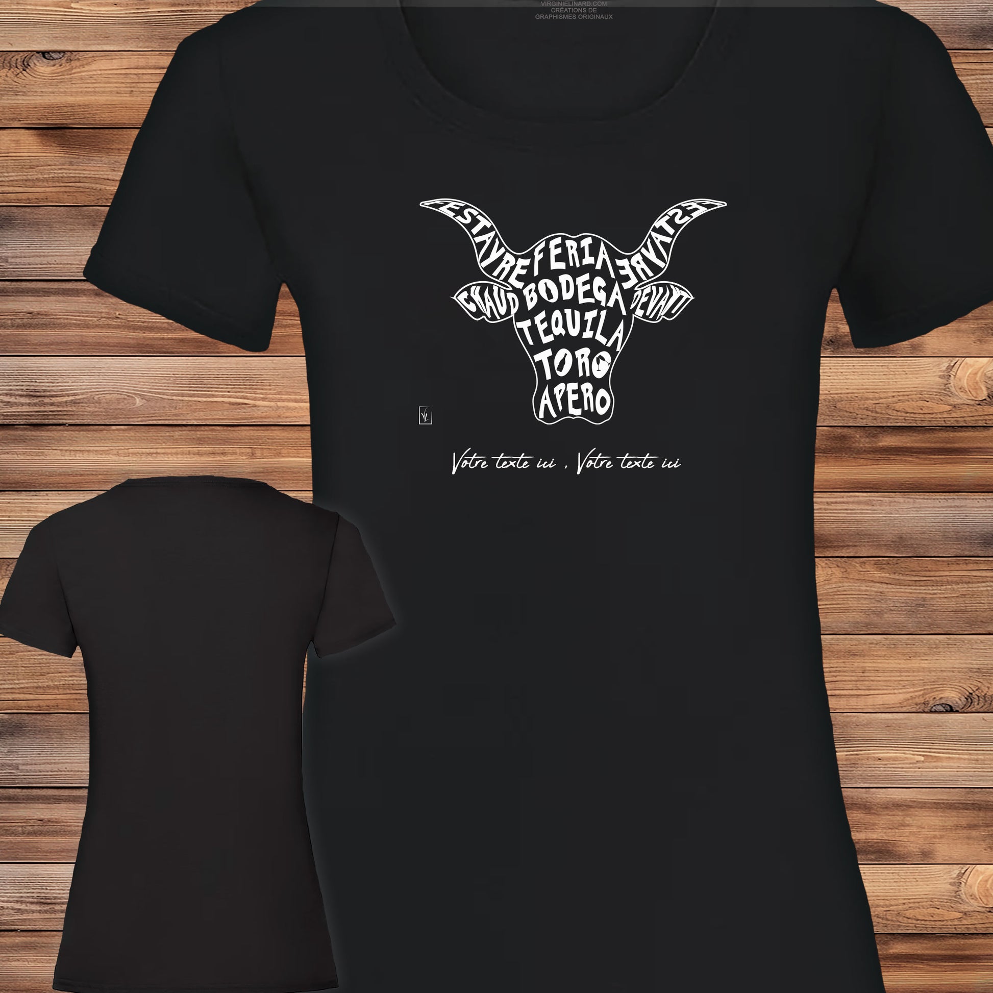 Taureau Bodega Tequila Graphisme sur T-shirt noir femme à personnaliser avec du texte. Création Virginie Linard ©.