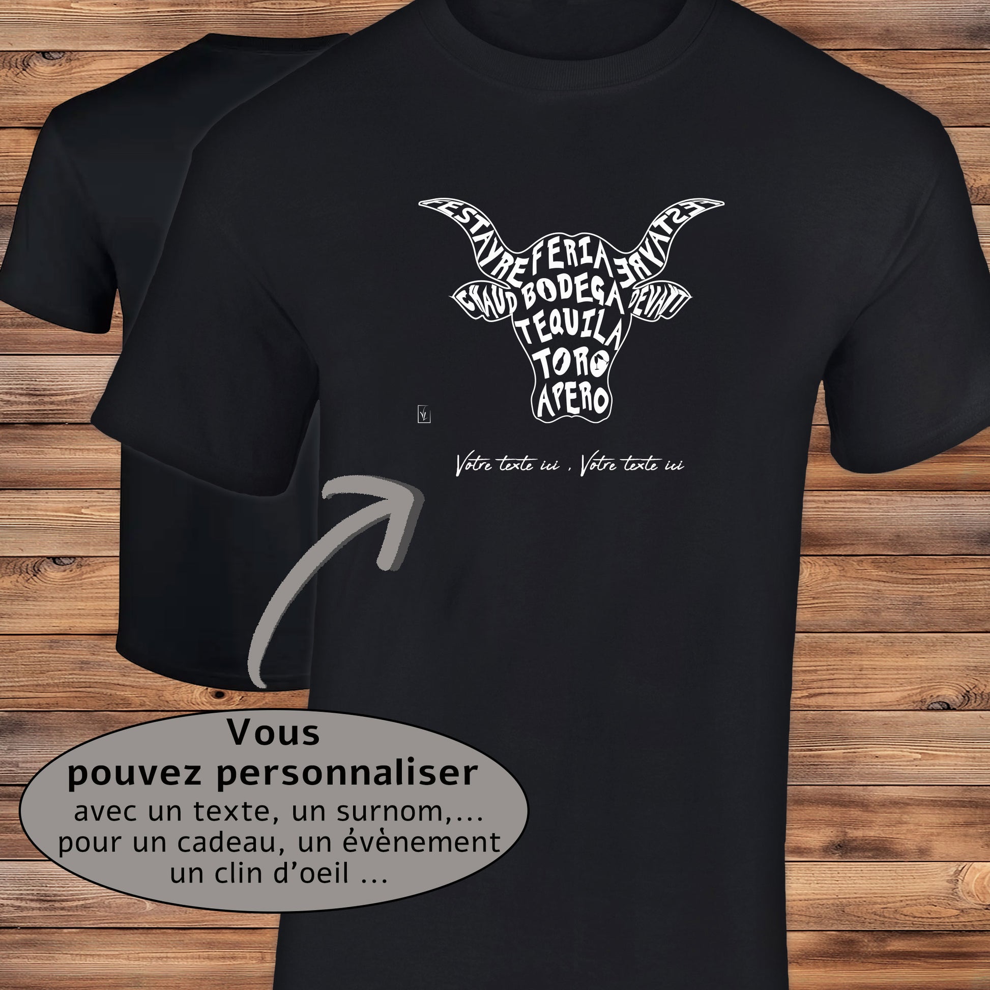 Taureau Bodega Tequila Graphisme sur T-shirt noir homme à personnaliser avec du texte. Création Virginie Linard ©.