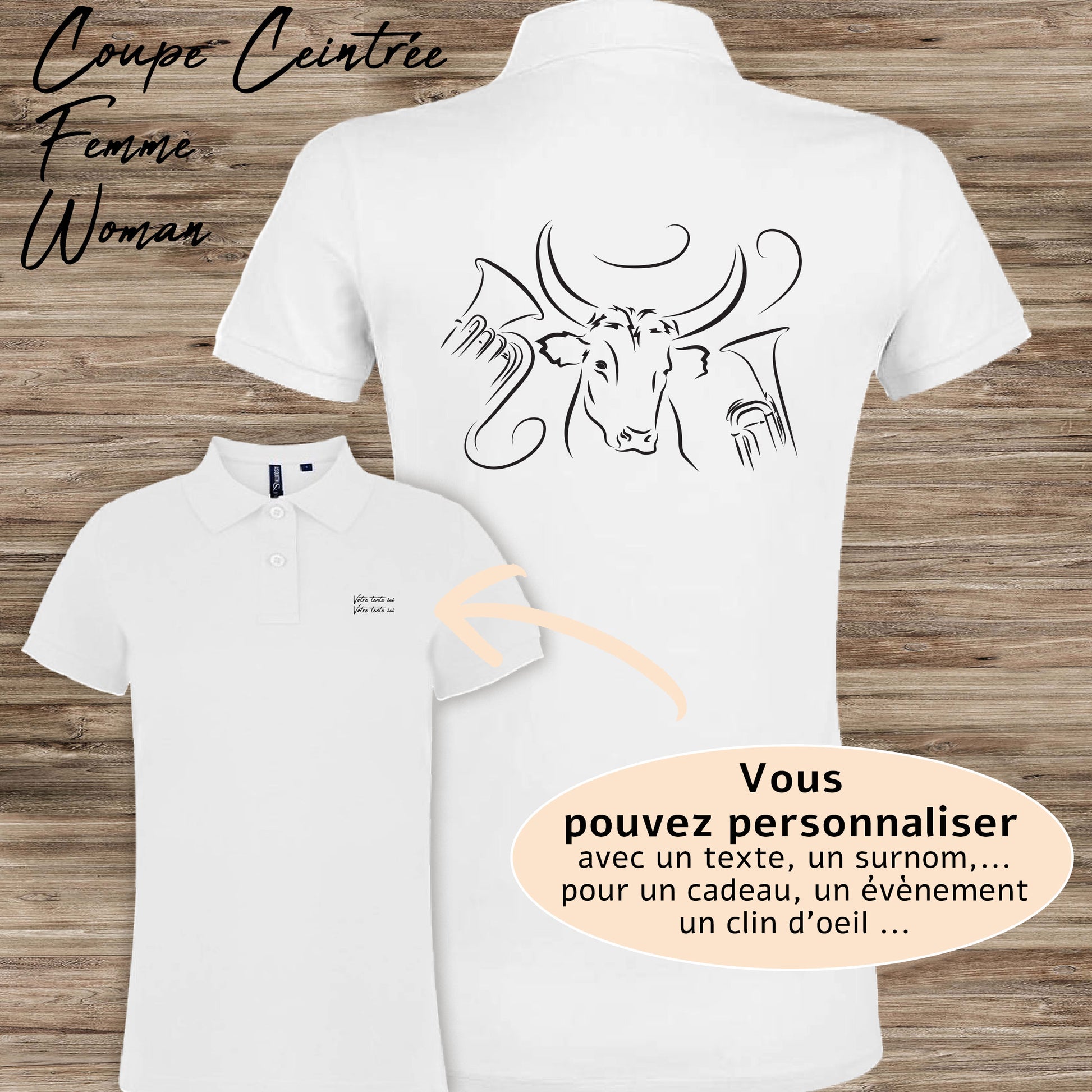 Taureau , course camarguaise, féria, bodega, fête votive, corrida, tauromachie raseteur , Camargue, graphisme sur polo blanc femme à personnaliser avec du texte. Création Virginie Linard ©.