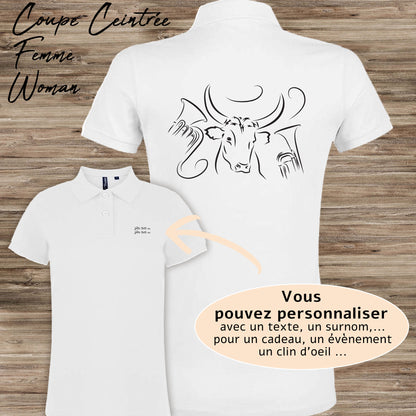 Taureau , course camarguaise, féria, bodega, fête votive, corrida, tauromachie raseteur , Camargue, graphisme sur polo blanc femme à personnaliser avec du texte. Création Virginie Linard ©.