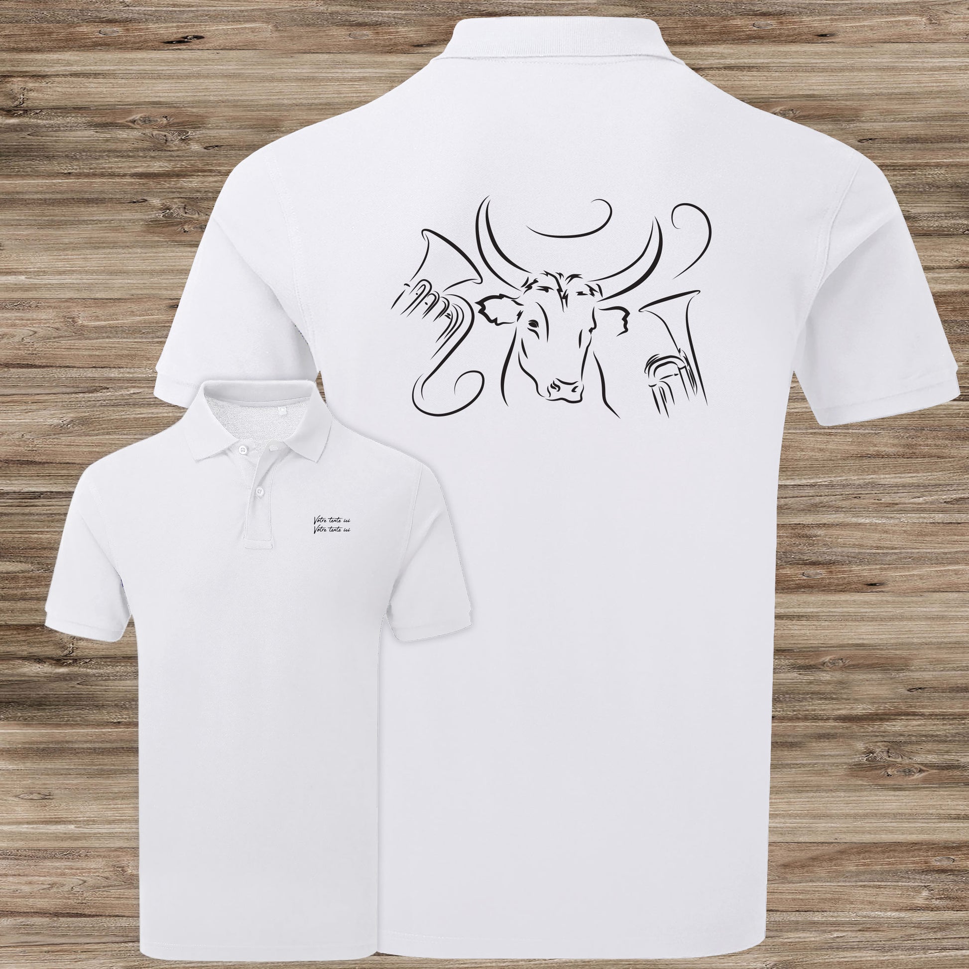 Taureau , course camarguaise, féria, bodega, fête votive, corrida, tauromachie raseteur , Camargue, graphisme sur polo blanc homme à personnaliser avec du texte. Création Virginie Linard ©.