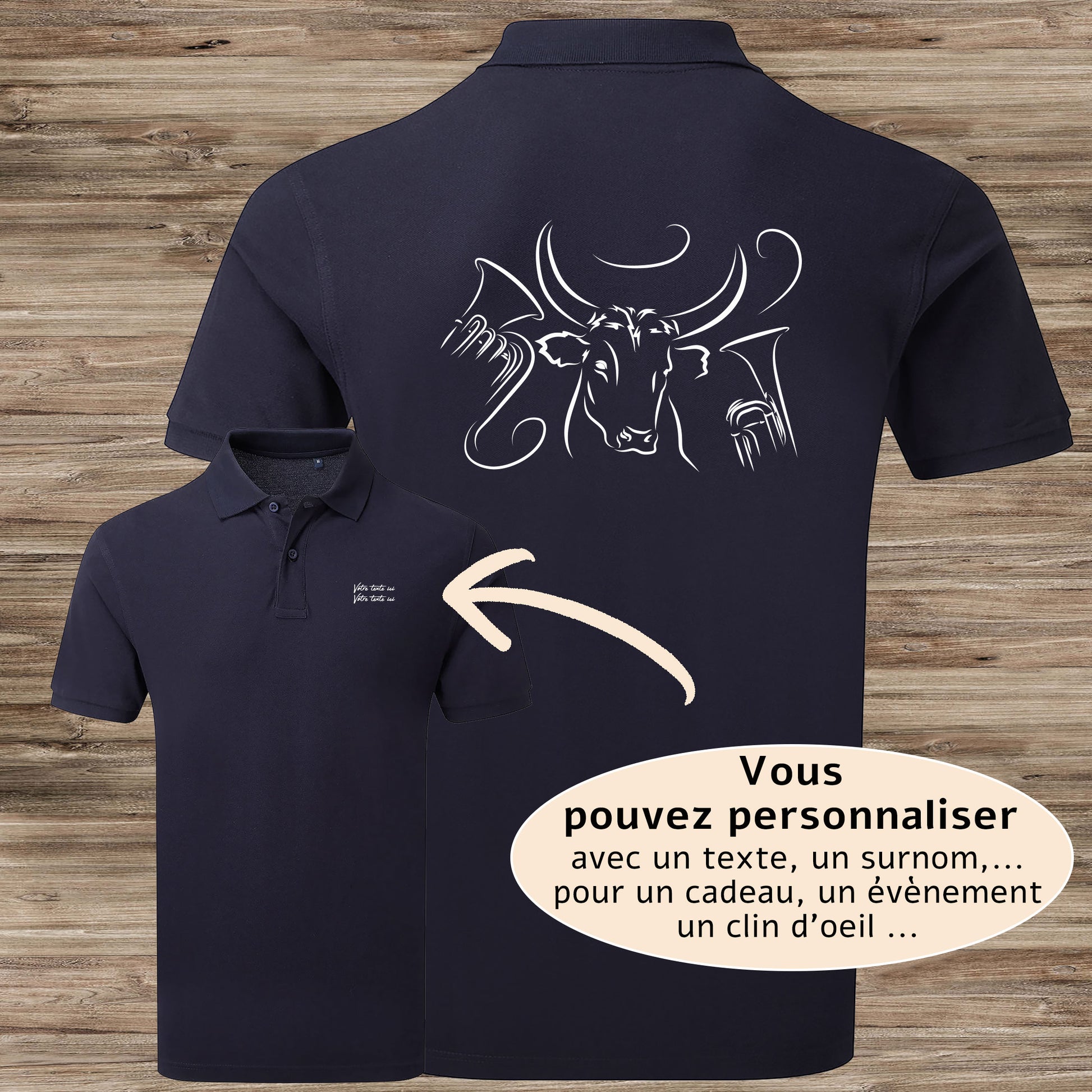 Taureau , course camarguaise, féria, bodega, fête votive, corrida, tauromachie raseteur , Camargue, graphisme sur polo bleu homme à personnaliser avec du texte. Création Virginie Linard ©.