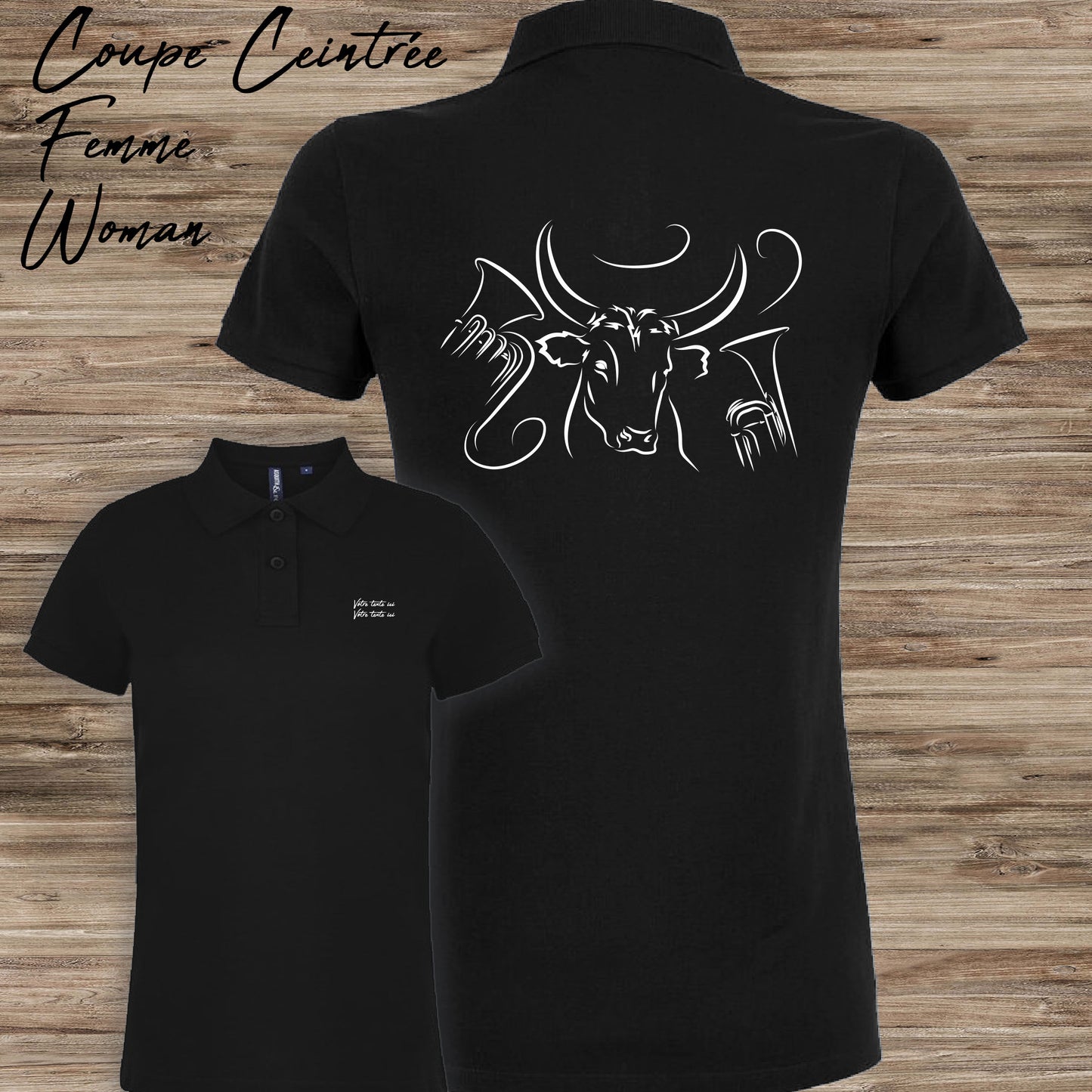 Taureau , course camarguaise, féria, bodega, fête votive, corrida, tauromachie raseteur , Camargue, graphisme sur polo noir femme à personnaliser avec du texte. Création Virginie Linard ©.