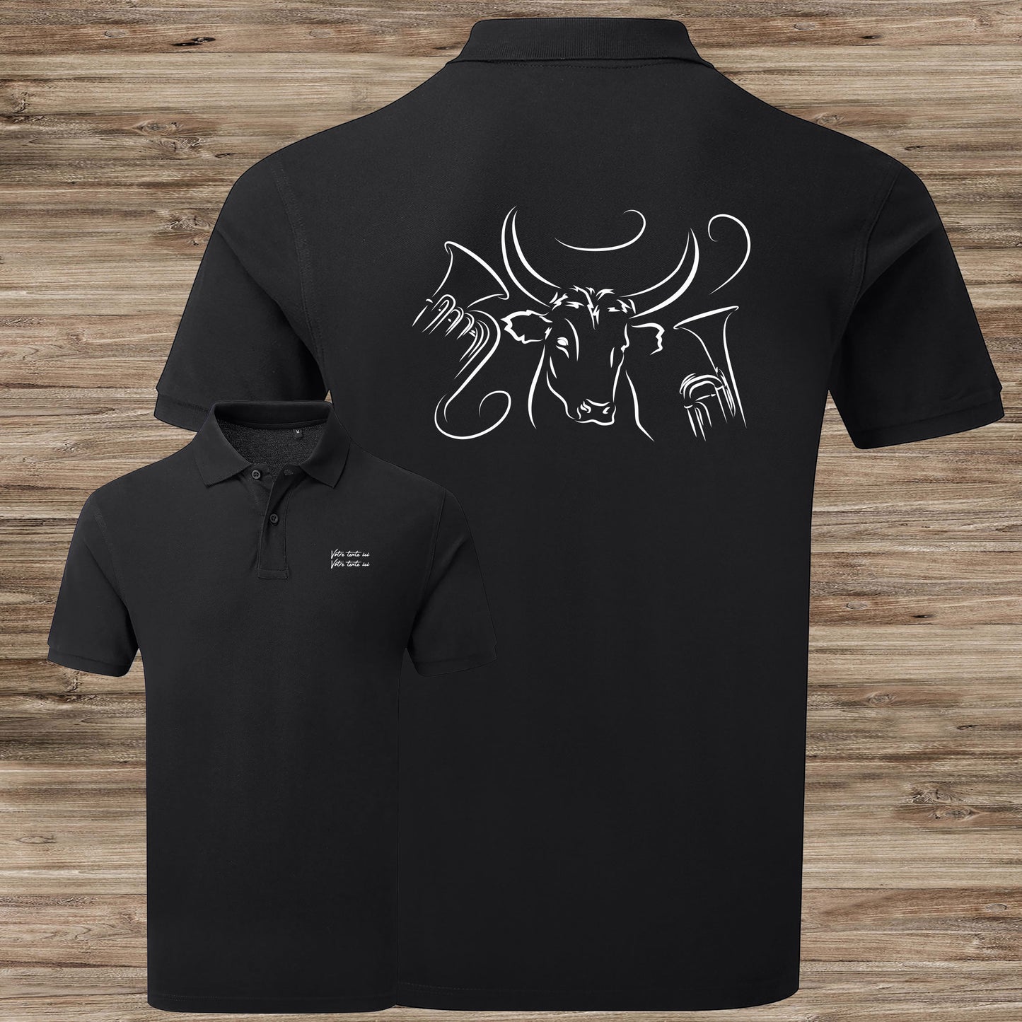 Taureau , course camarguaise, féria, bodega, fête votive, corrida, tauromachie raseteur , Camargue, graphisme sur polo noir homme à personnaliser avec du texte. Création Virginie Linard ©.
