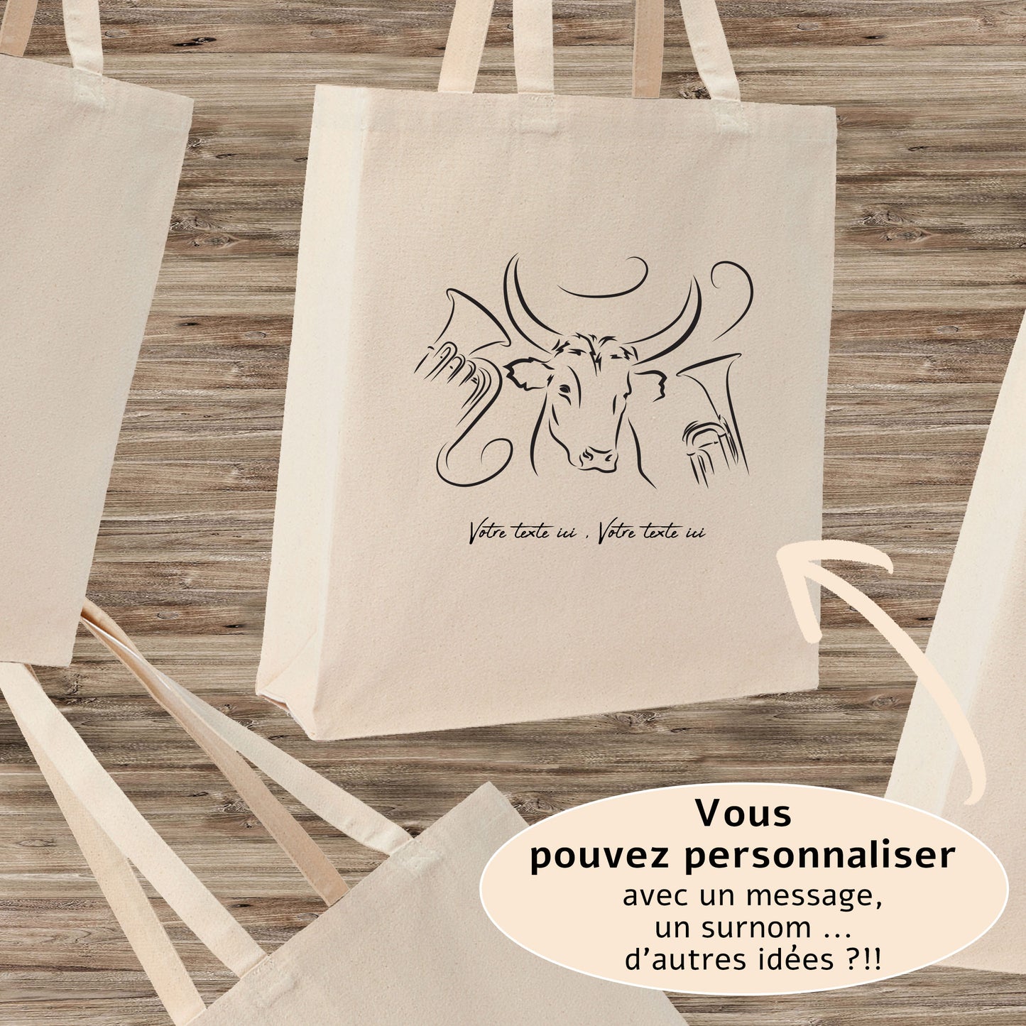 Taureau , course camarguaise, féria, bodega, fête votive, corrida, tauromachie raseteur , Camargue, graphisme sur sac tote-bag beige à personnaliser avec du texte. Création Virginie Linard ©.