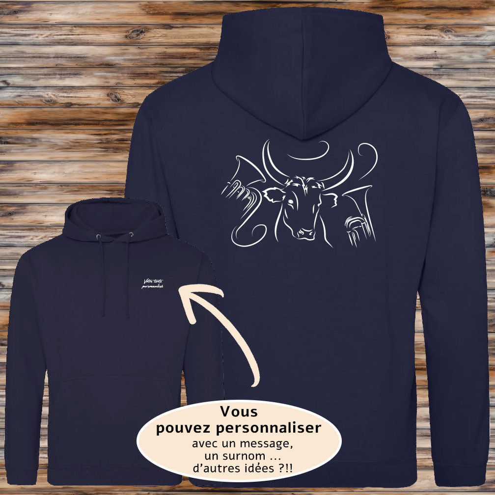 Taureau , course camarguaise, féria, bodega, fête votive, corrida, tauromachie raseteur , Camargue, graphisme sur Sweat-shirt bleu unisexe à personnaliser avec du texte. Création Virginie Linard ©.
