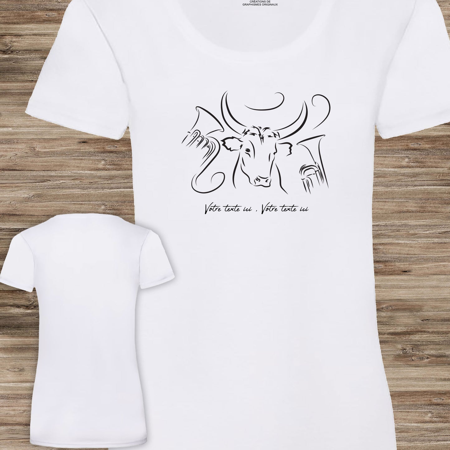 Féria Bodega Taureau Camargue Fête votive, graphisme sur t-shirt blanc femme à personnaliser avec un texte. Création Virginie Linard ©.