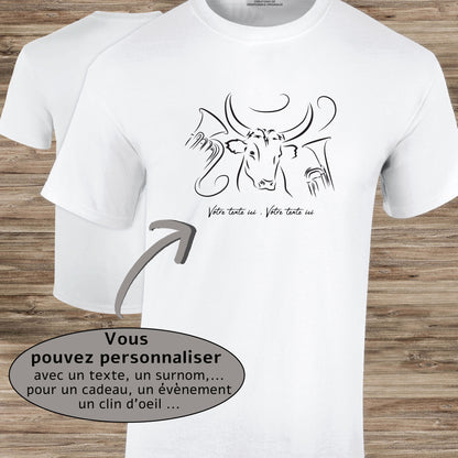 Féria Bodega Taureau Camargue Fête votive, graphisme sur t-shirt blanc homme à personnaliser avec un texte. Création Virginie Linard ©.