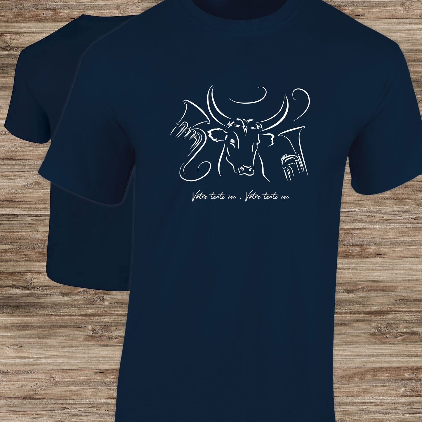 Féria Bodega Taureau Camargue Fête votive, graphisme sur t-shirt bleu homme à personnaliser avec un texte. Création Virginie Linard ©.