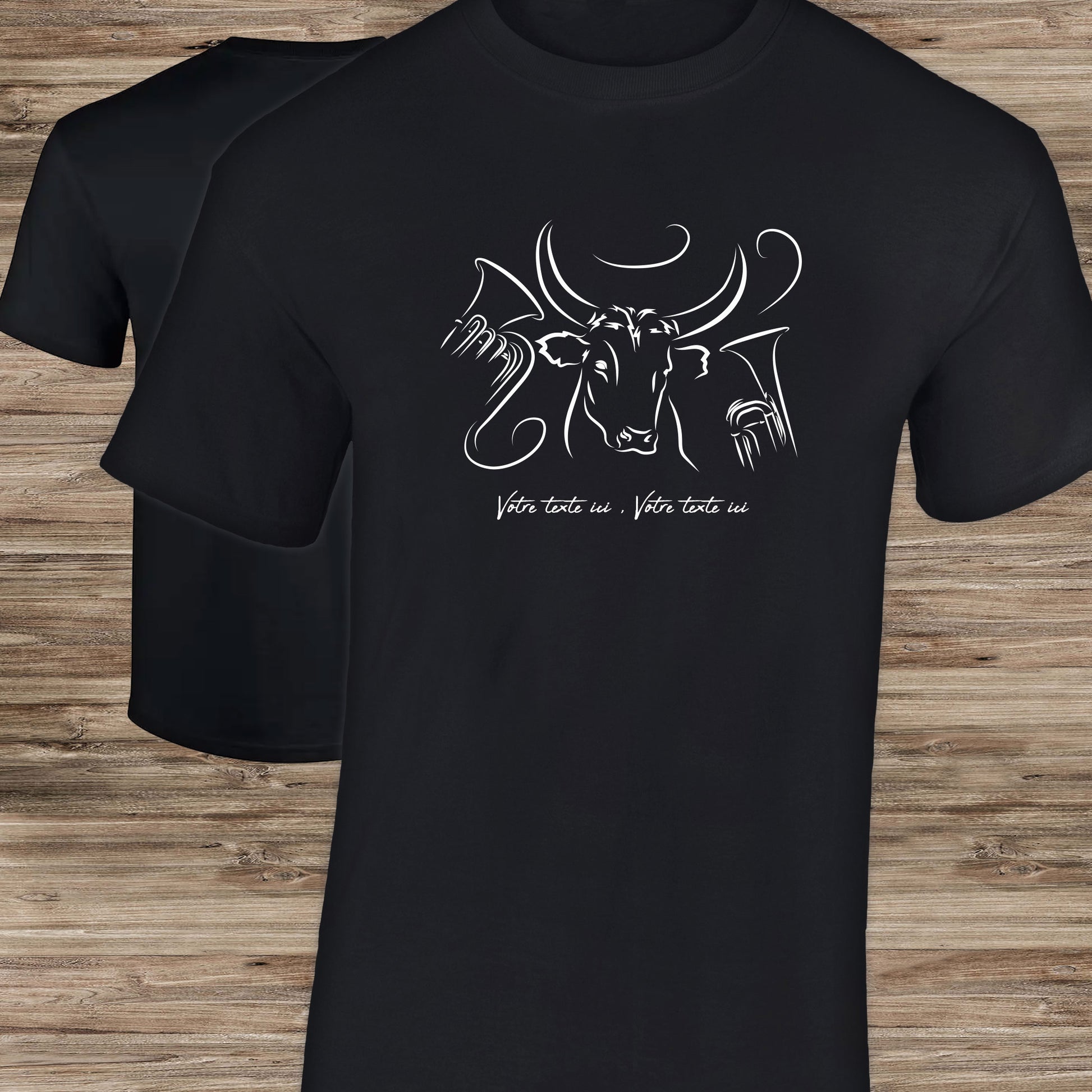Féria Bodega Taureau Camargue Fête votive, graphisme sur t-shirt noir homme à personnaliser avec un texte. Création Virginie Linard ©.