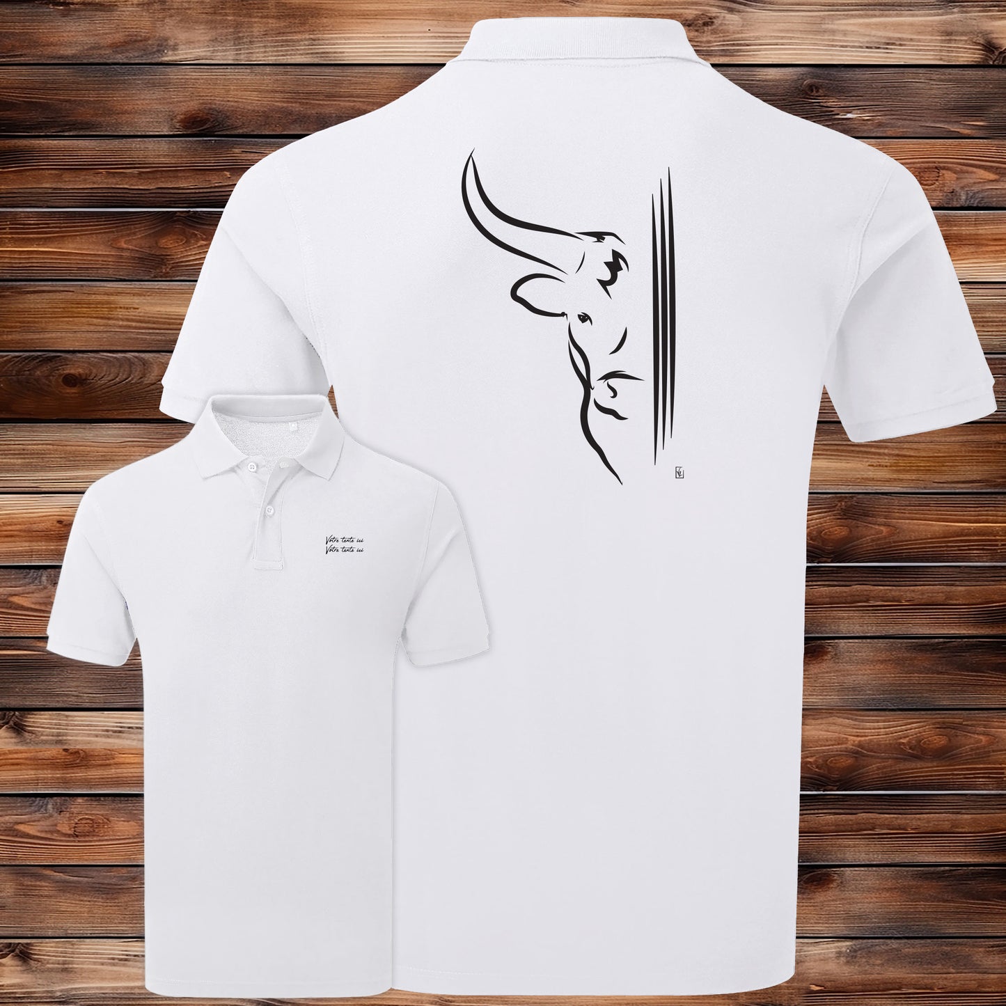 Taureau moitié tête et 3 traits, graphisme sur Polo blanc homme à personnaliser avec un texte. Création Virginie Linard ©.