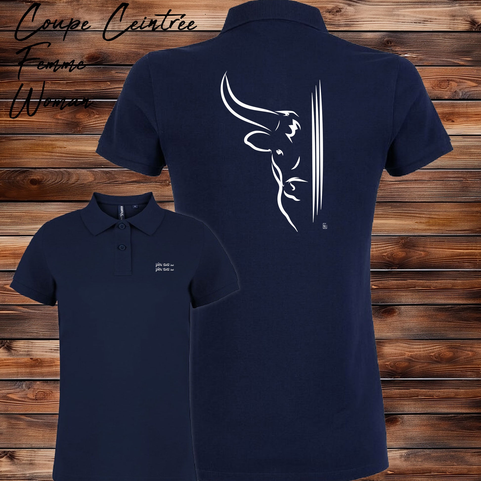 Taureau moitié tête et 3 traits, graphisme sur Polo bleu femme à personnaliser avec un texte. Création Virginie Linard ©.