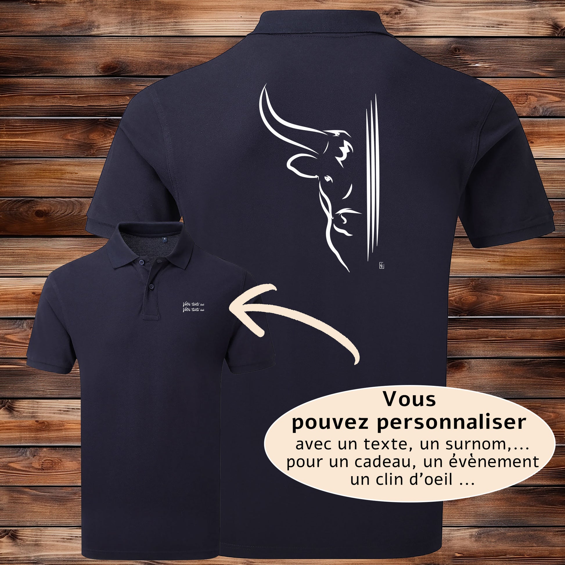 Taureau moitié tête et 3 traits, graphisme sur Polo bleu homme à personnaliser avec un texte. Création Virginie Linard ©.