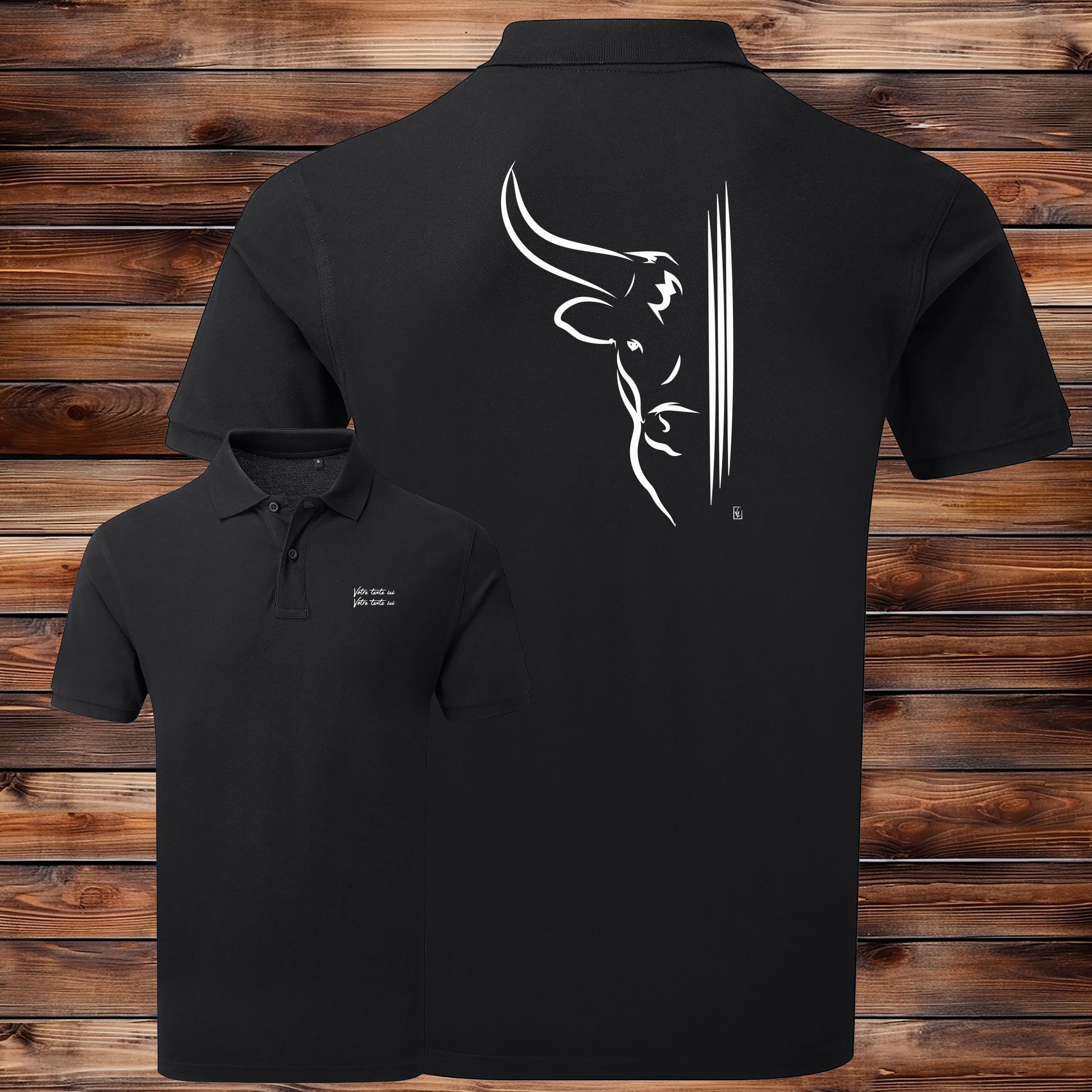 Taureau moitié tête et 3 traits, graphisme sur Polo noir homme à personnaliser avec un texte. Création Virginie Linard ©.