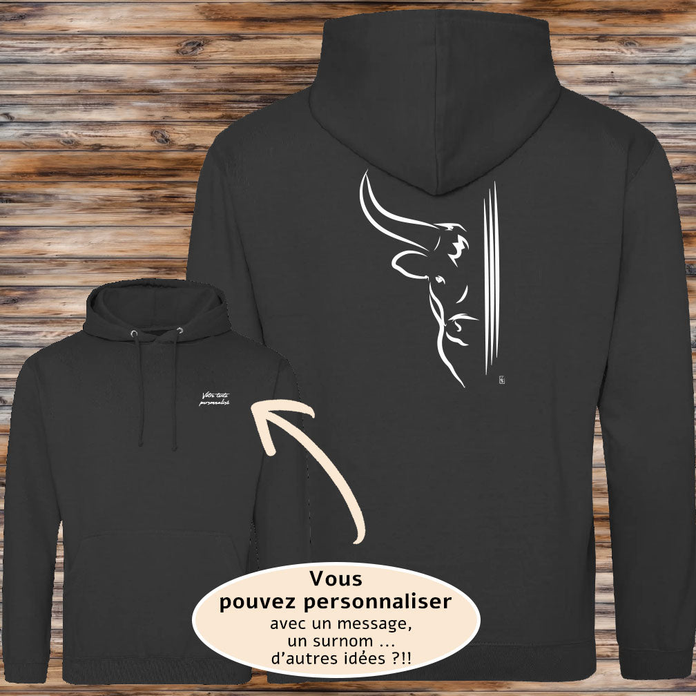 Taureau demi tête et 3 traits, Graphisme sur Sweat-shirt unisexe noir à personnaliser avec un texte. Création Virginie Linard ©.