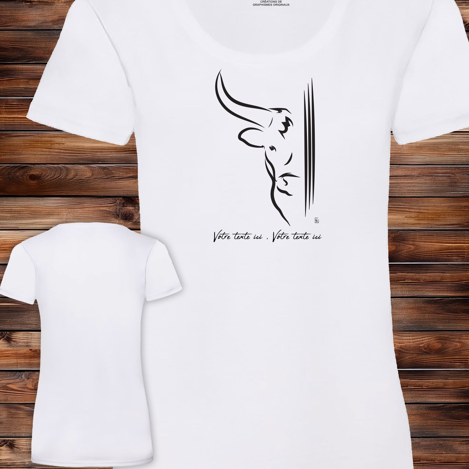 Taureau moitié tête et 3 traits, graphisme sur T-shirt blanc femme à personnaliser avec un texte. Création Virginie Linard ©.