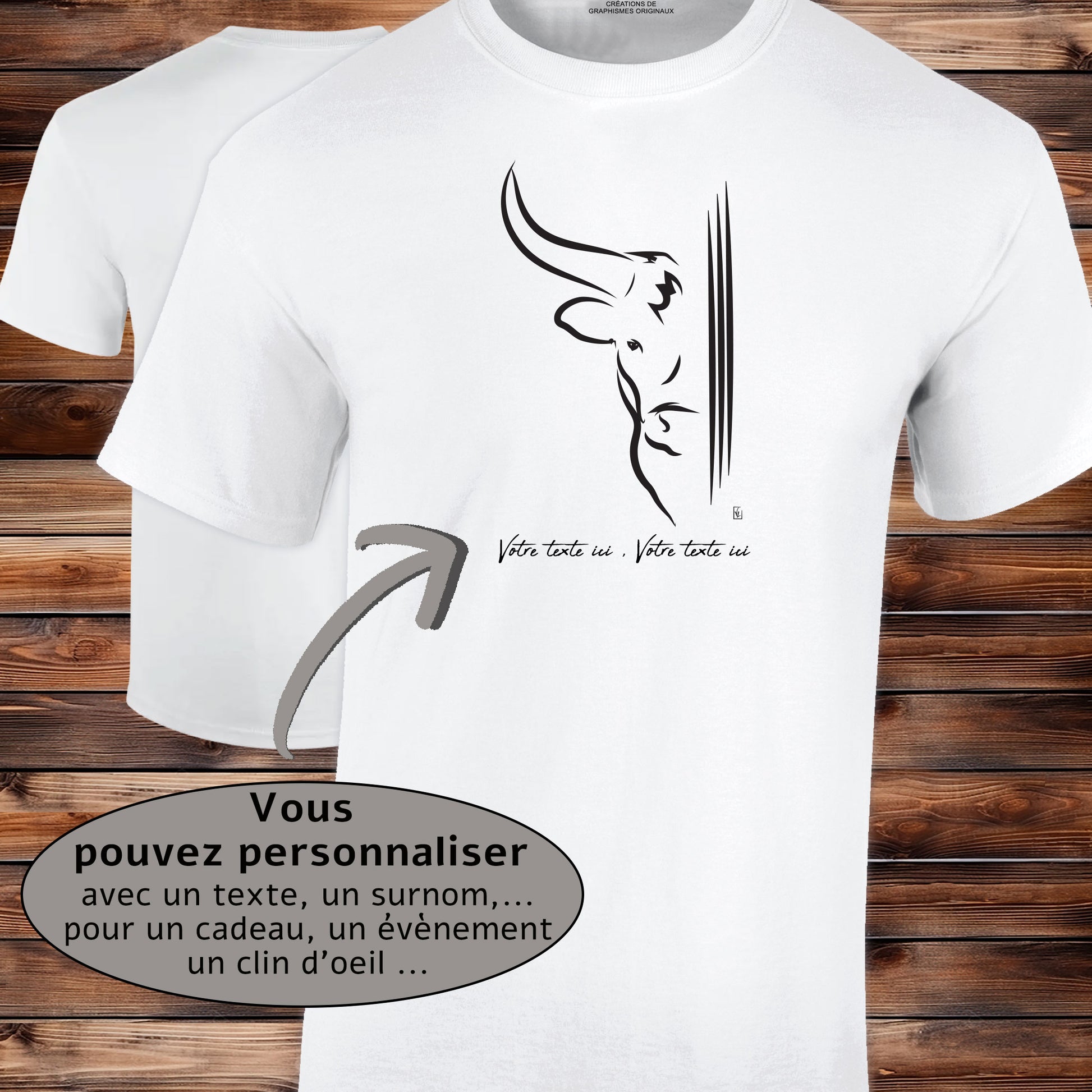 Taureau moitié tête et 3 traits, graphisme sur T-shirt blanc homme à personnaliser avec un texte. Création Virginie Linard ©.