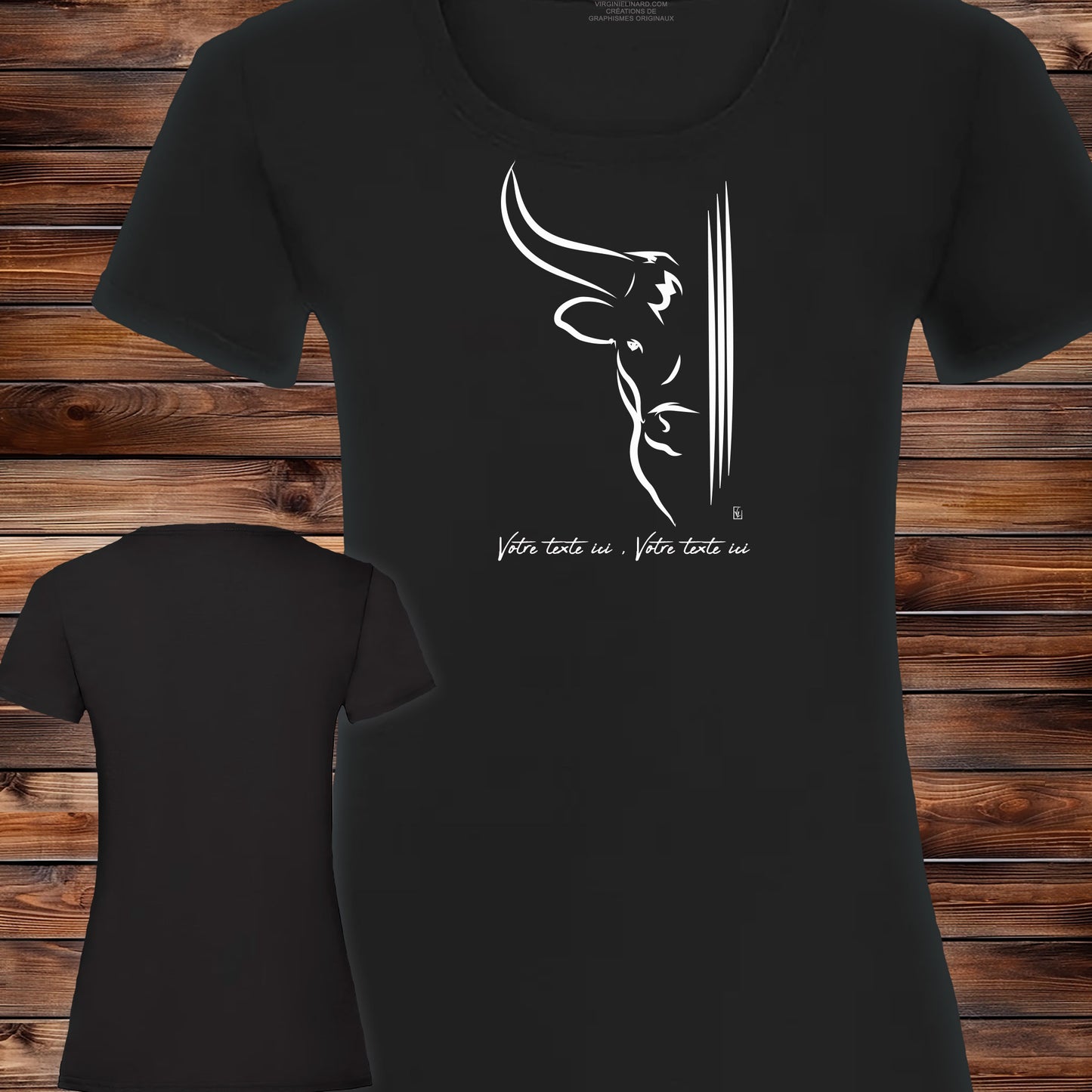 Taureau moitié tête et 3 traits, graphisme sur T-shirt noir femme à personnaliser avec un texte. Création Virginie Linard ©.