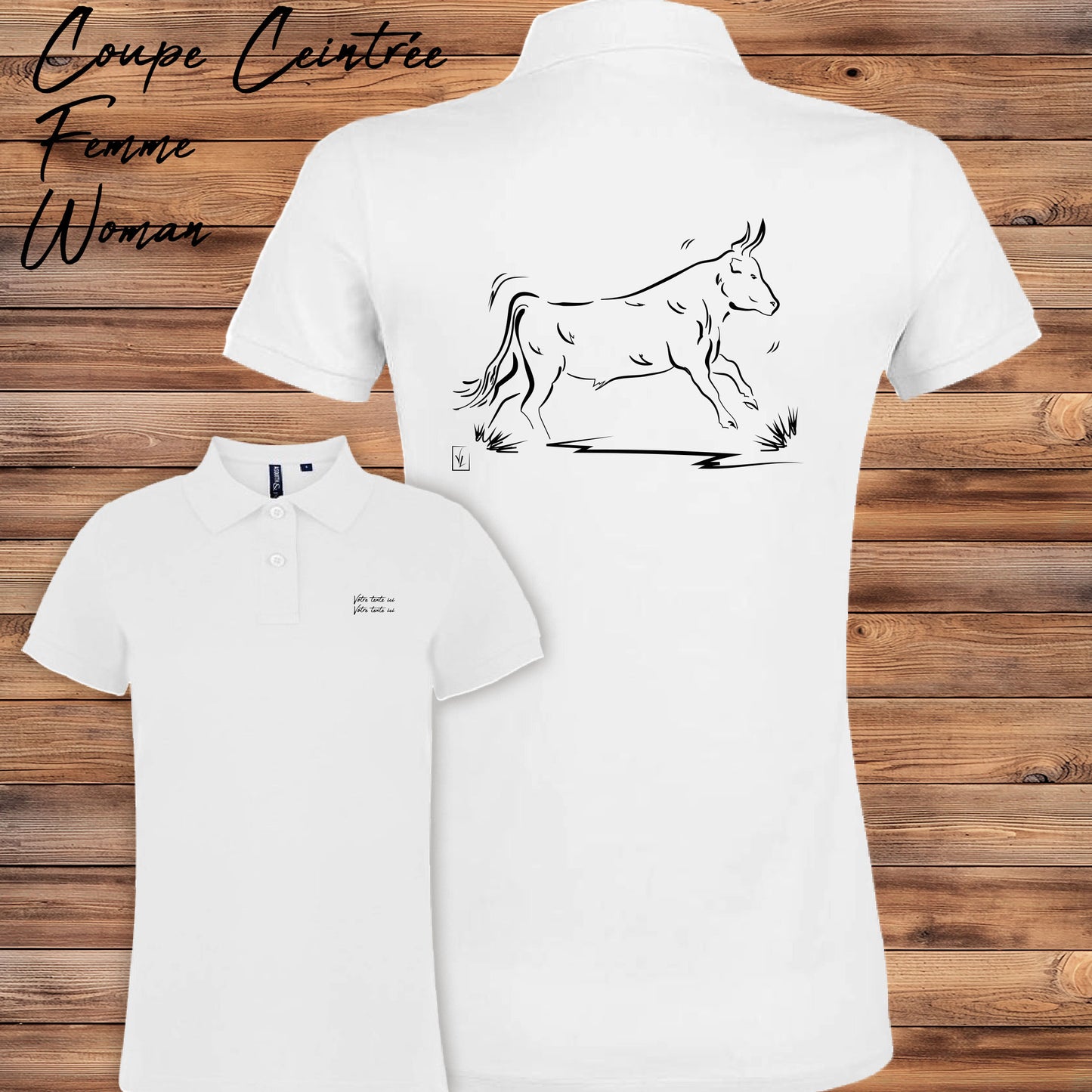 Taureau de Camargue Vachette , graphisme sur Polo blanc femme à personnaliser avec du texte. Création Virginie Linard ©.