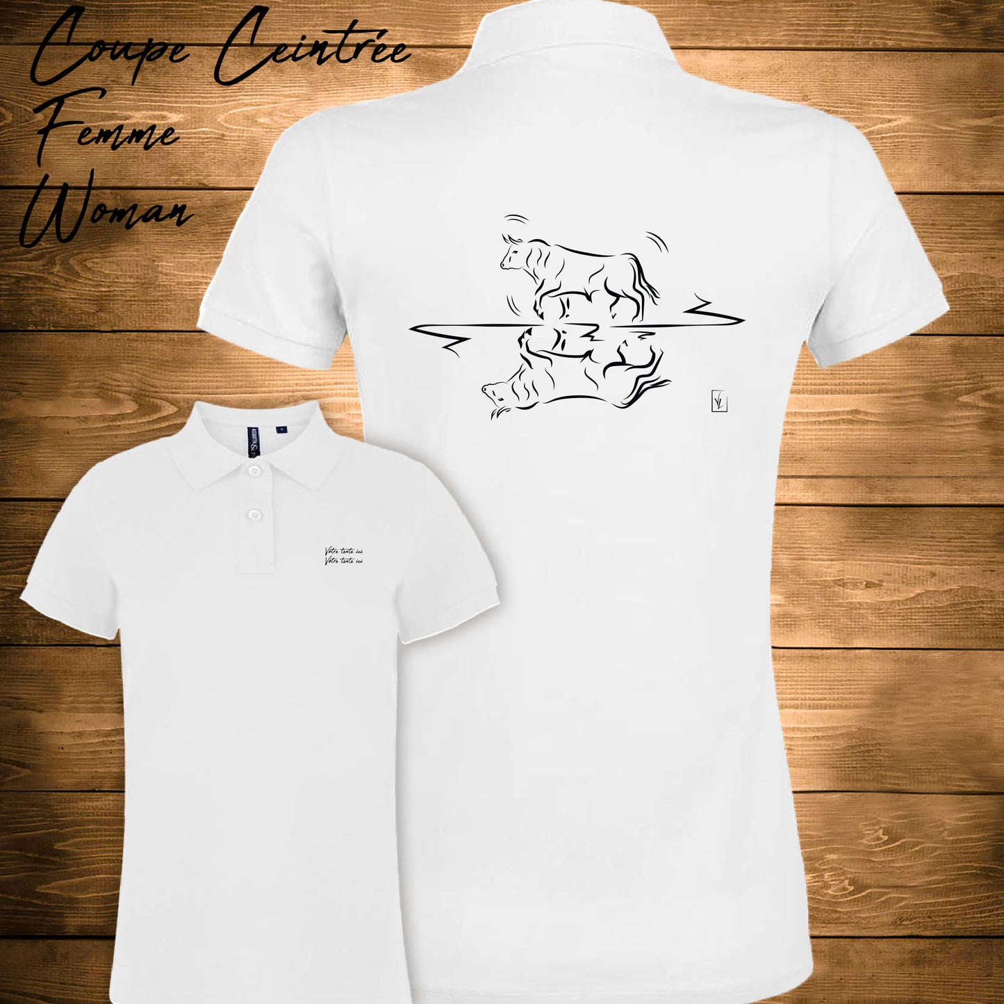 Taureau graphisme sur polo blanc femme à personnaliser avec du texte. Création Virginie Linard ©.