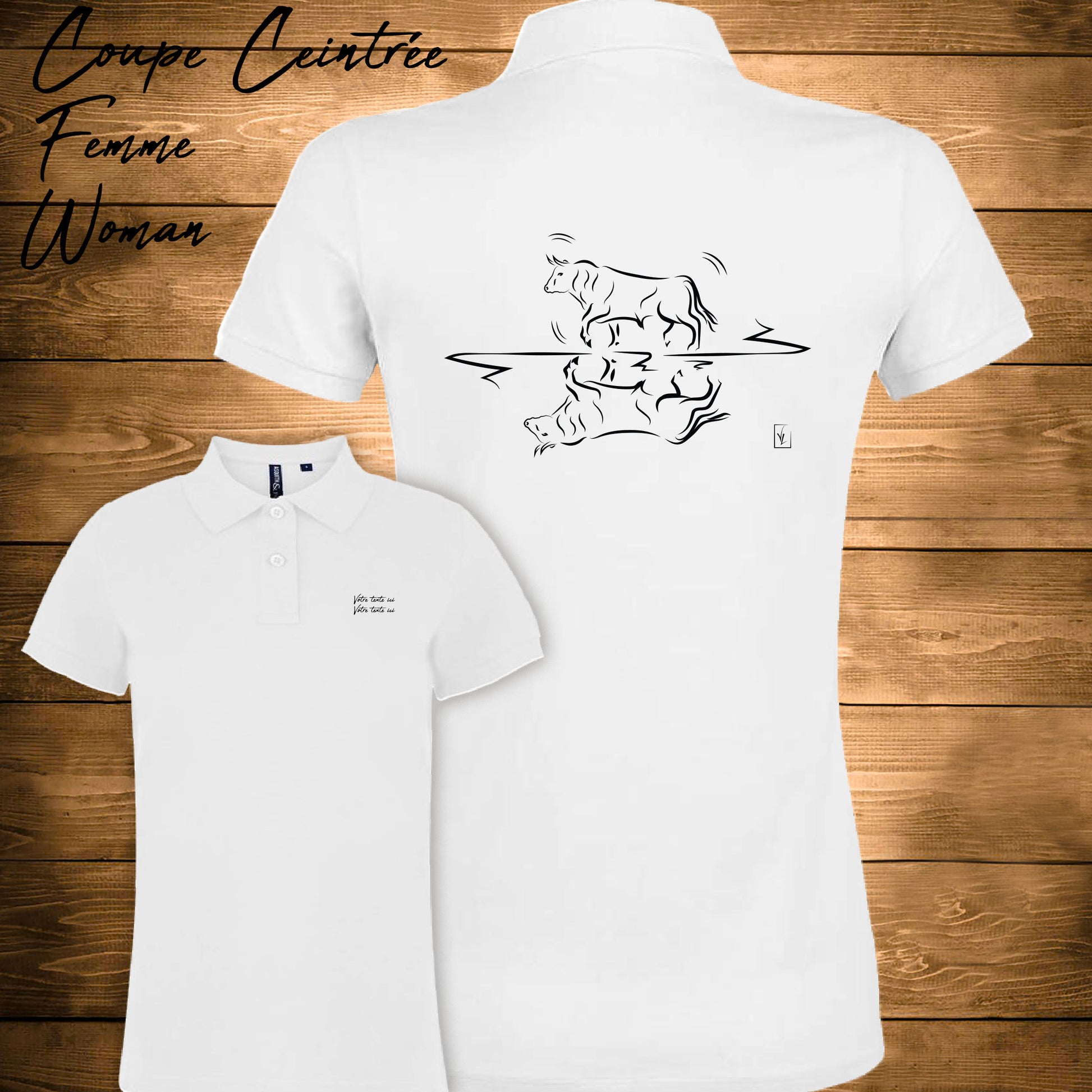 Taureau graphisme sur polo blanc femme à personnaliser avec du texte. Création Virginie Linard ©.