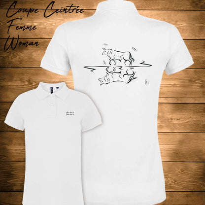 Taureau graphisme sur polo blanc femme à personnaliser avec du texte. Création Virginie Linard ©.