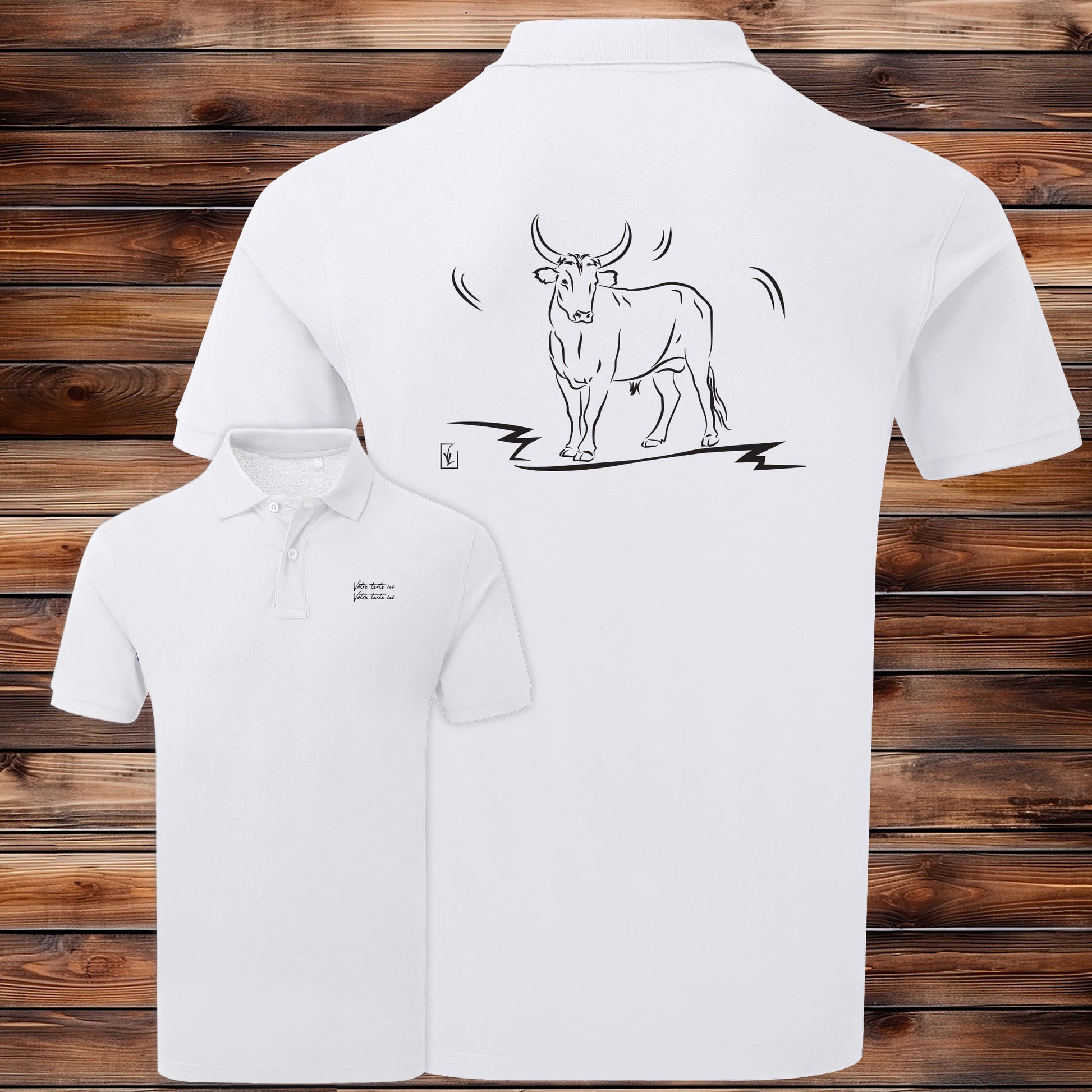 Taureau Vachette Camargue, Graphisme sur Polo blanc homme à personnaliser avec un texte. Création Virginie Linard ©.