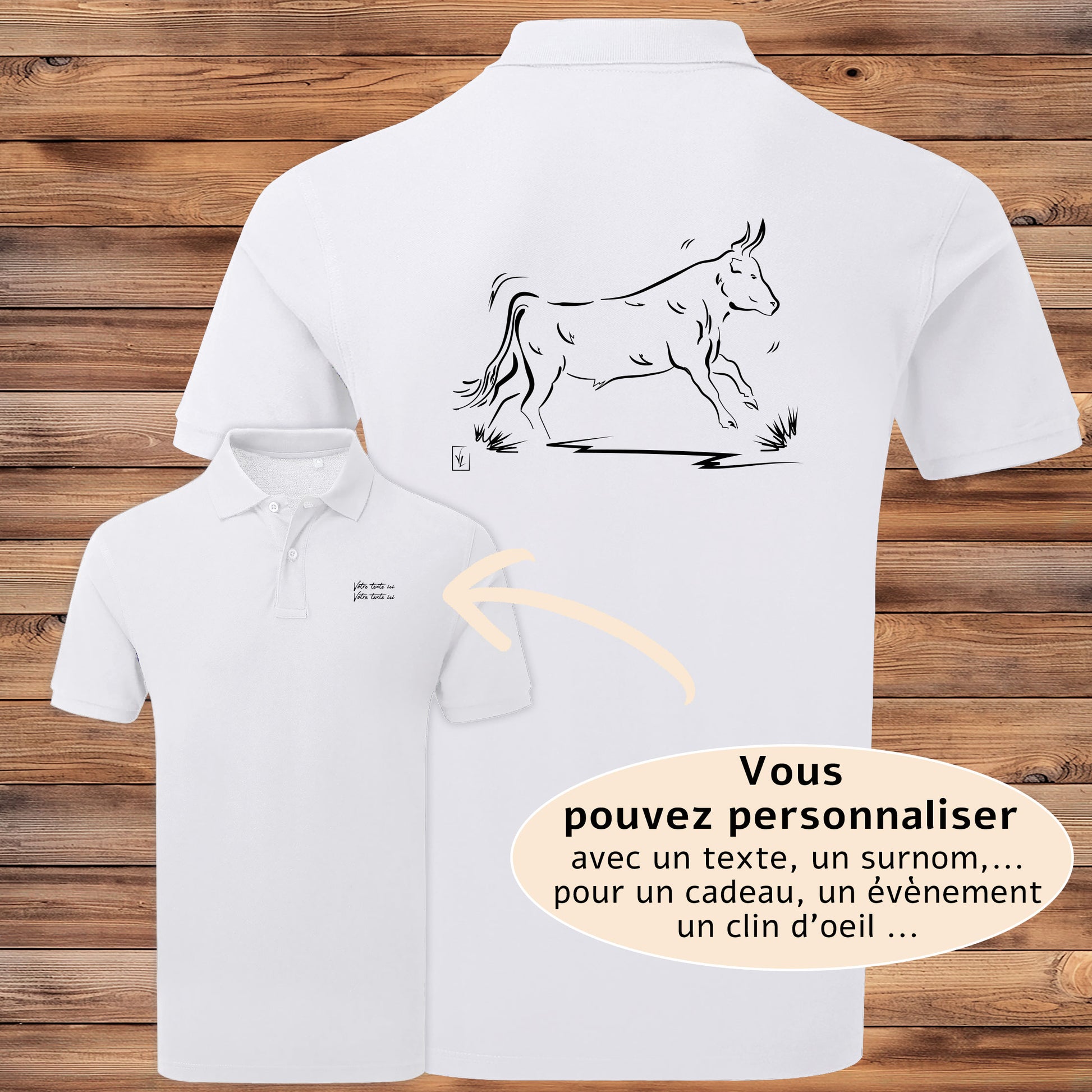 Taureau de Camargue Vachette , graphisme sur Polo blanc homme à personnaliser avec du texte. Création Virginie Linard ©.