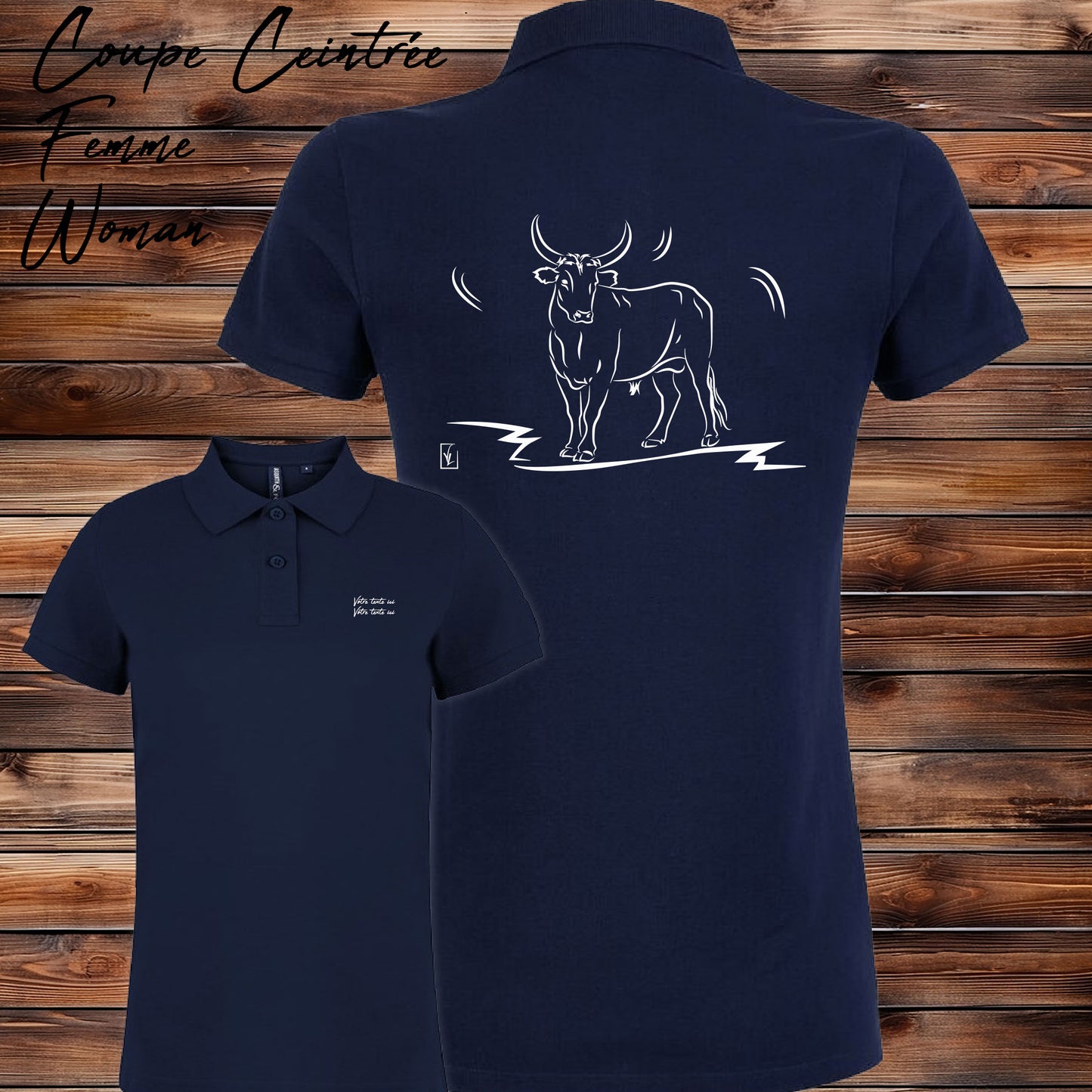 Taureau Vachette Camargue, Graphisme sur Polo bleu femme à personnaliser avec un texte. Création Virginie Linard ©.
