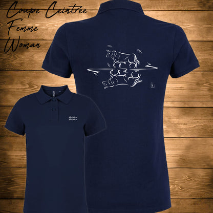Taureau graphisme sur polo bleu femme à personnaliser avec du texte. Création Virginie Linard ©.