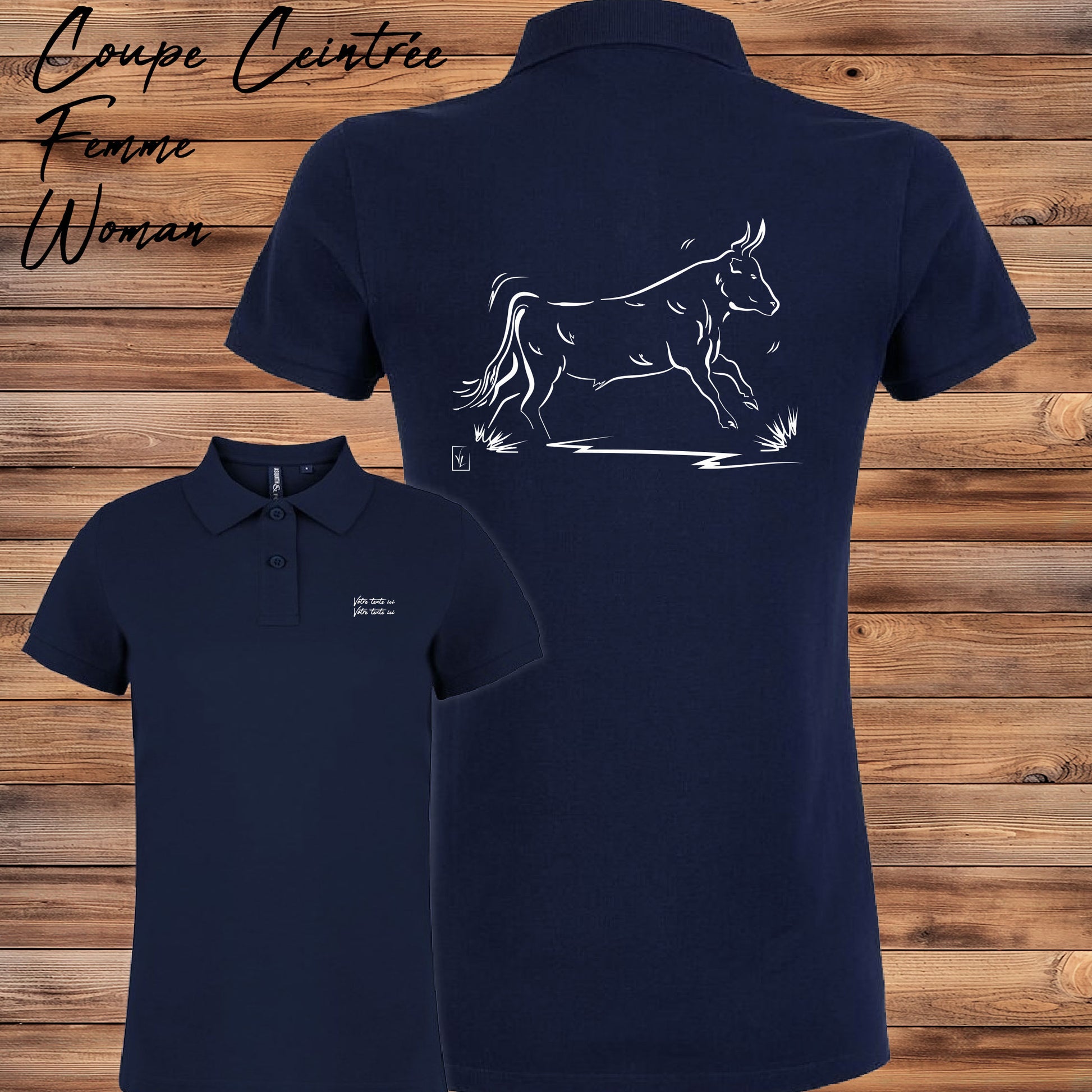 Taureau de Camargue Vachette , graphisme sur Polo bleu femme à personnaliser avec du texte. Création Virginie Linard ©.