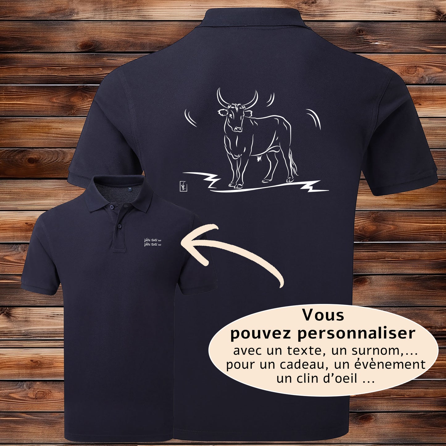 Taureau Vachette Camargue, Graphisme sur Polo bleu homme à personnaliser avec un texte. Création Virginie Linard ©.