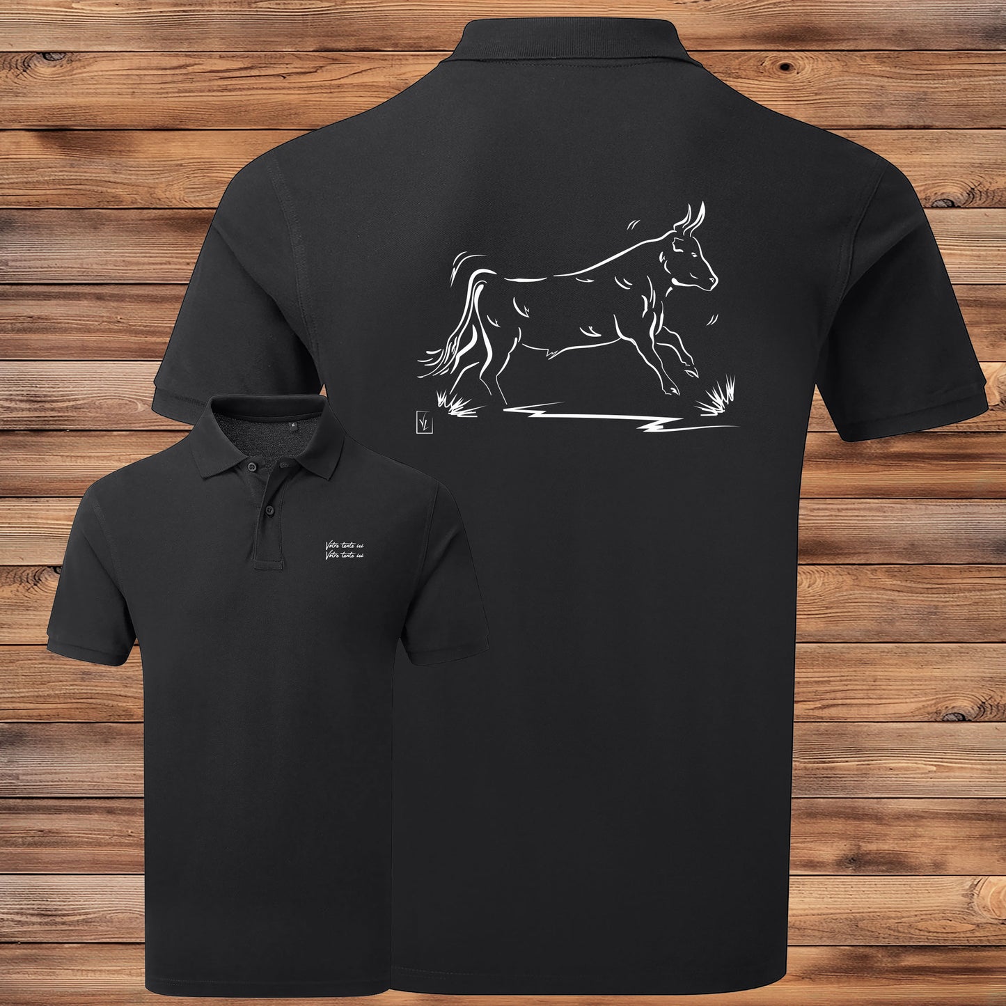 Taureau de Camargue Vachette , graphisme sur Polo noir homme à personnaliser avec du texte. Création Virginie Linard ©.