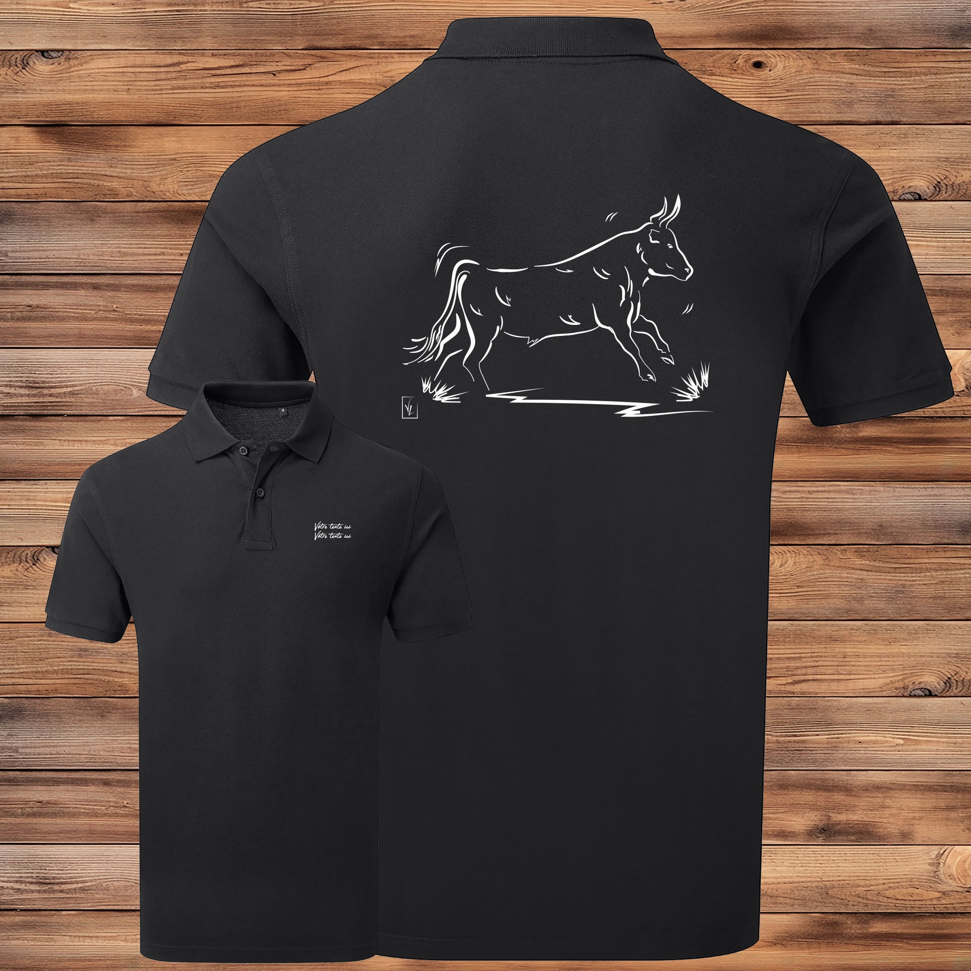 Taureau de Camargue Vachette , graphisme sur Polo noir homme à personnaliser avec du texte. Création Virginie Linard ©.