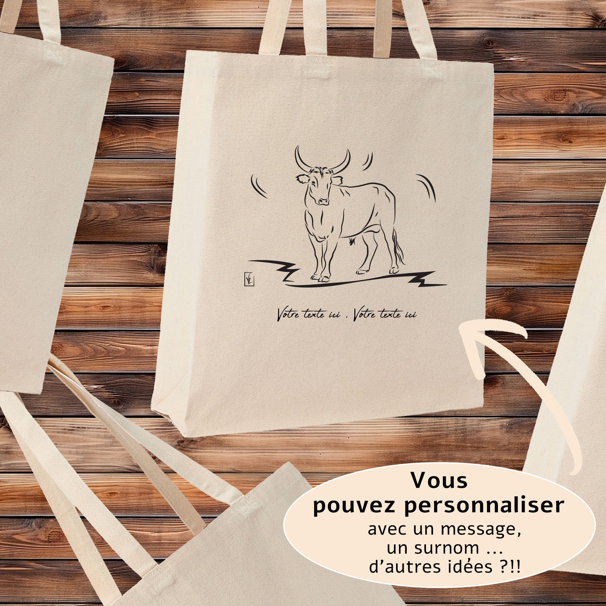 Taureau Vachette Camargue, Graphisme sur sac tote-bag beige à personnaliser avec un texte. Création Virginie Linard ©.