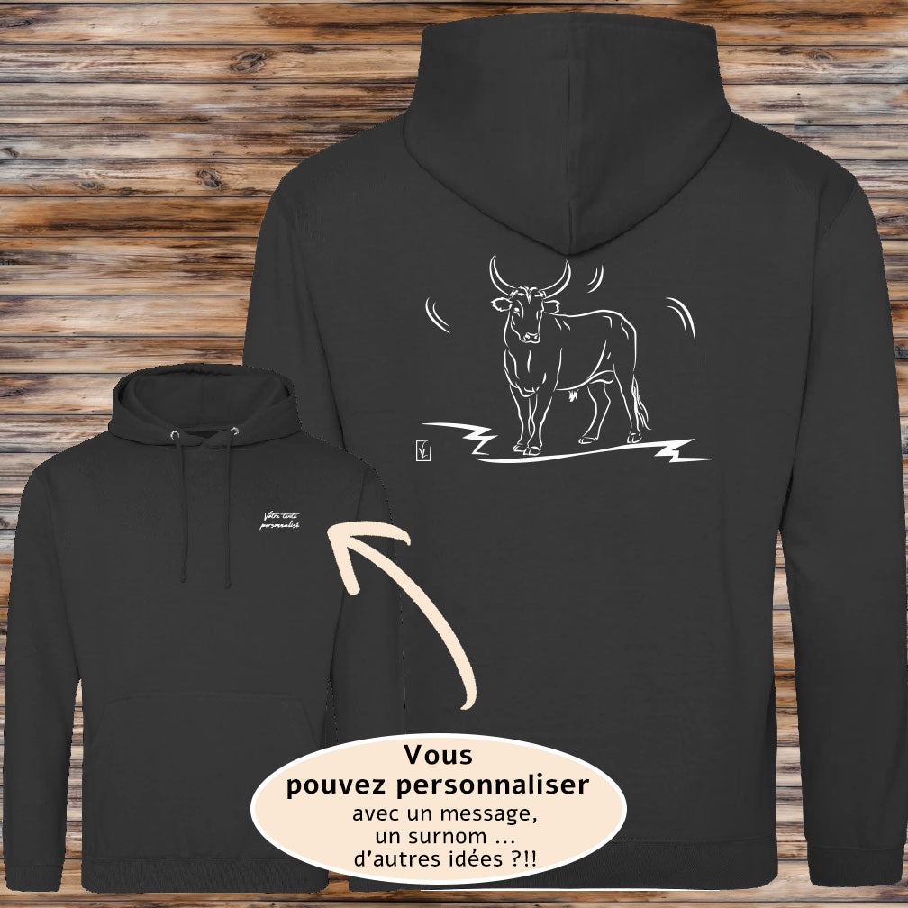 Taureau Vachette Camargue, Graphisme sur Sweat-shirt à personnaliser avec un texte. Création Virginie Linard ©.