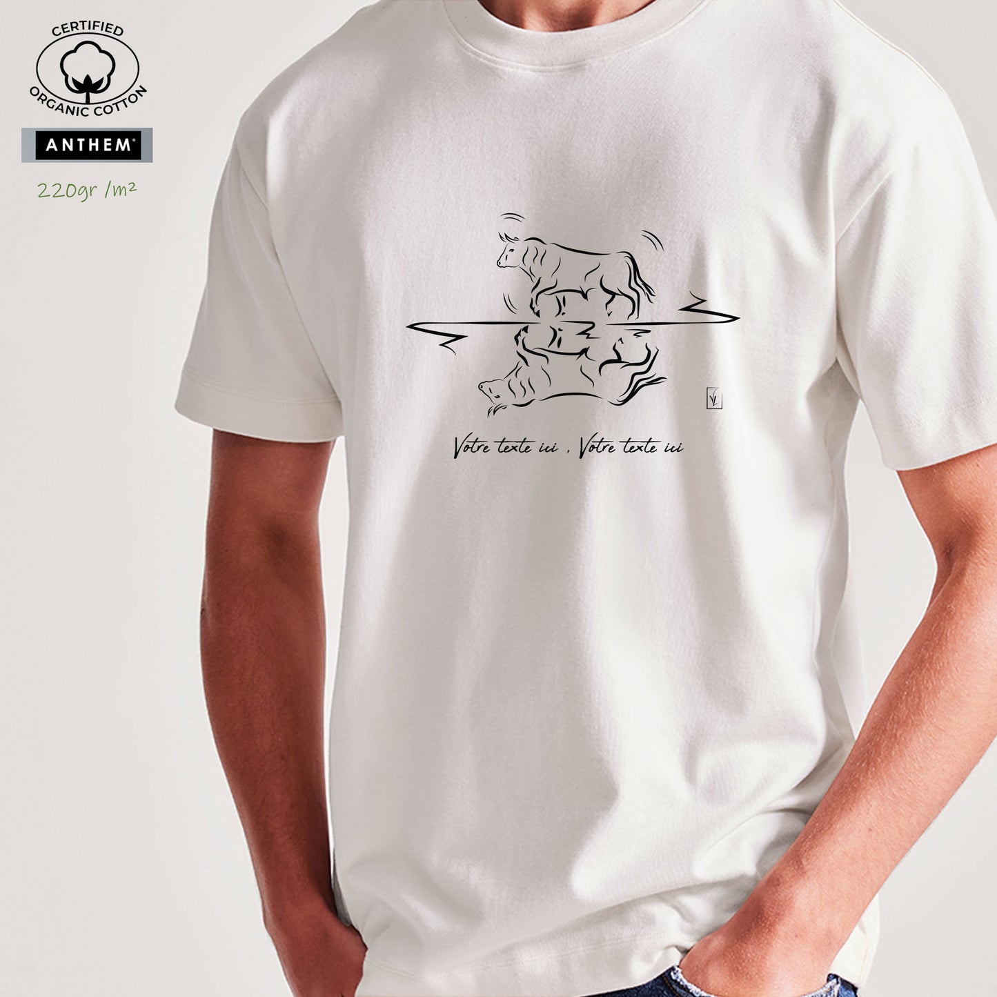 Taureau Camargue Corrida Tauromachie, graphisme sur t-shirt bio épais 220g blanc unisexe, à personnaliser avec un texte. Création Virginie Linard ©.
