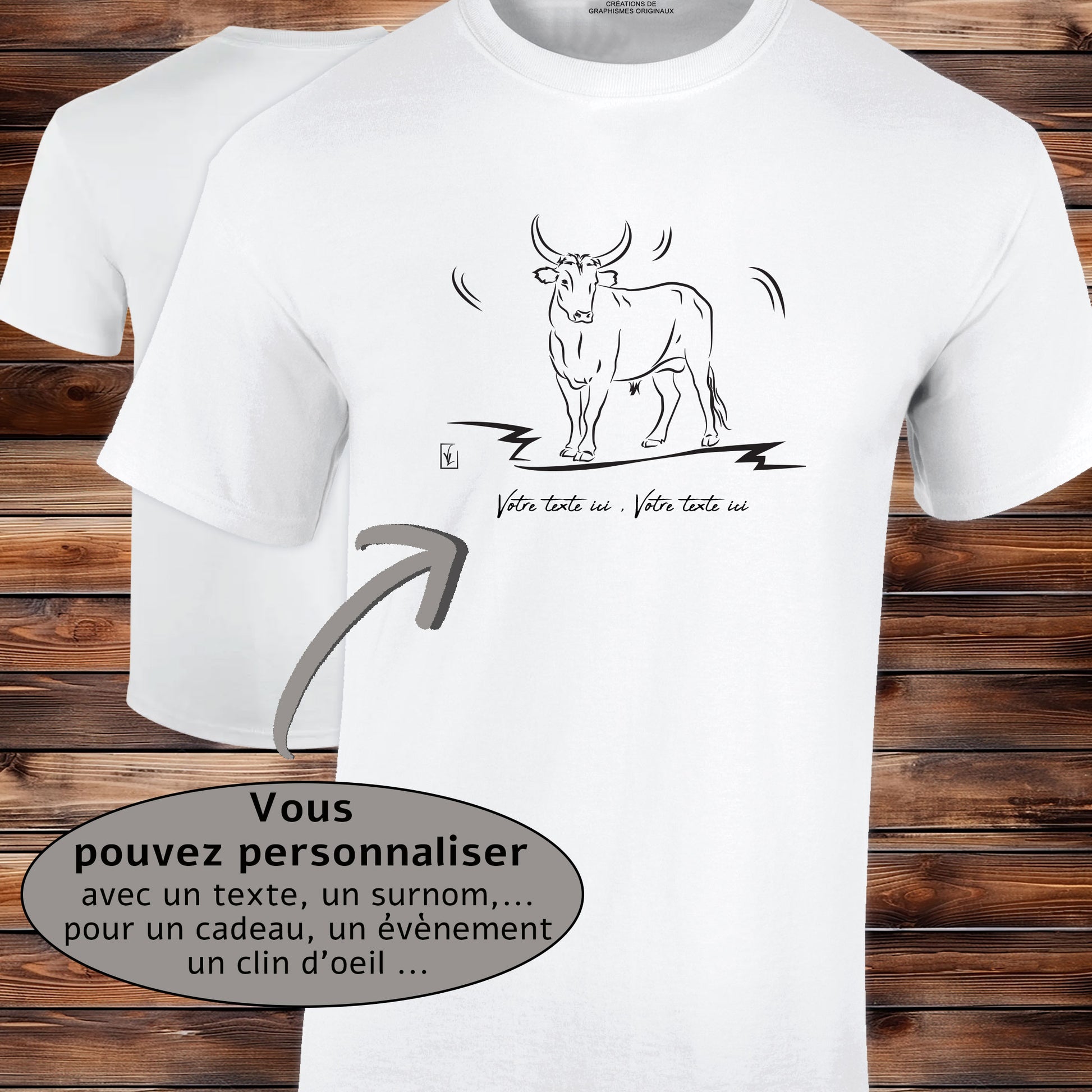 Taureau de Camargue, Graphisme sur T-shirt blanc homme à personnaliser avec un texte. Création Virginie Linard ©.
