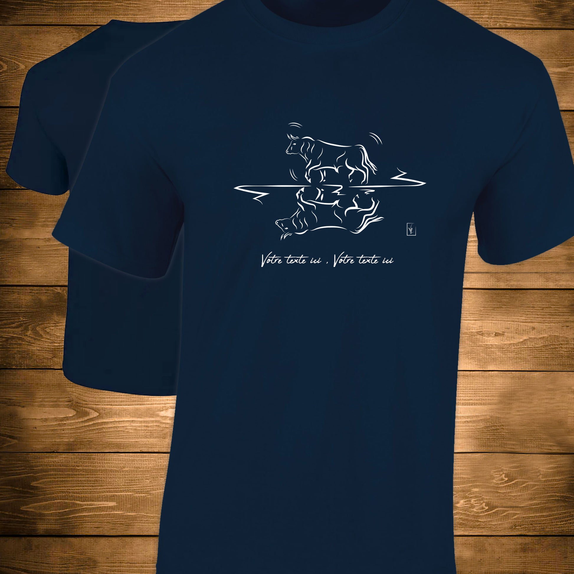 Taureau Graphisme sur T-shirt bleu homme à personnaliser avec un texte. Création Virginie Linard ©.