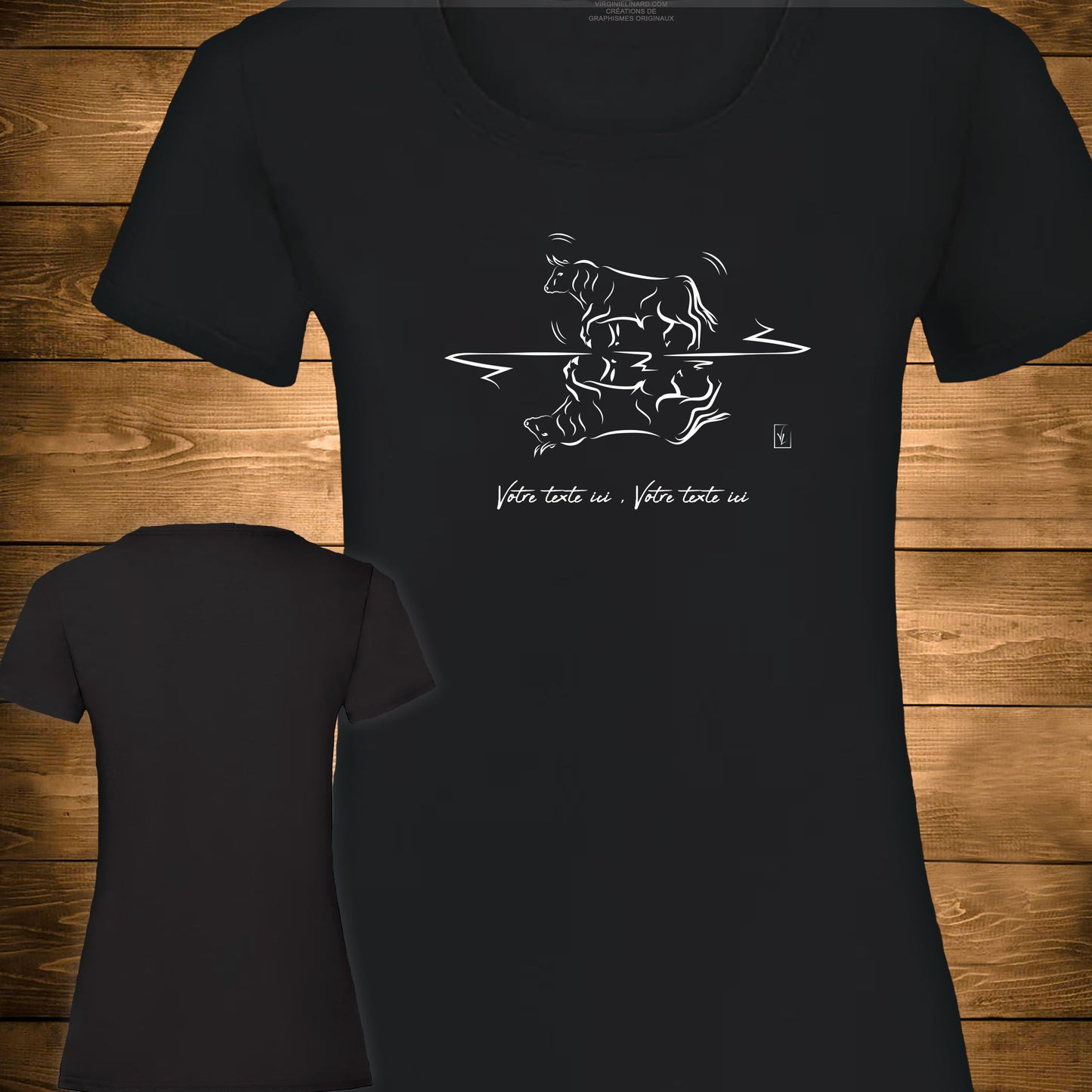 Taureau Graphisme sur T-shirt noir femme à personnaliser avec un texte. Création Virginie Linard ©.