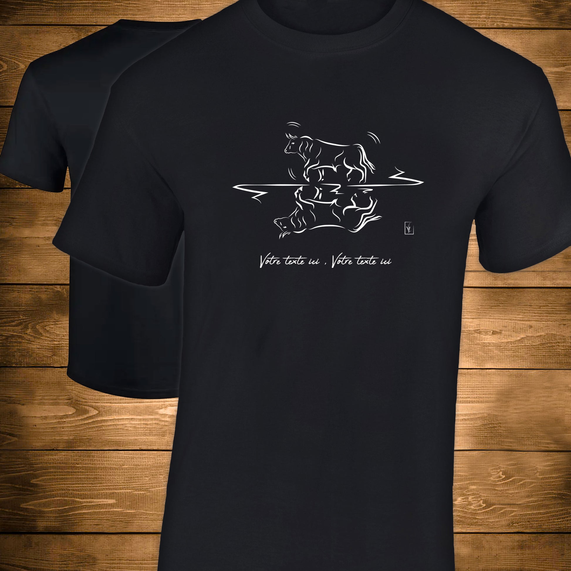 Taureau Graphisme sur T-shirt noir homme à personnaliser avec un texte. Création Virginie Linard ©.